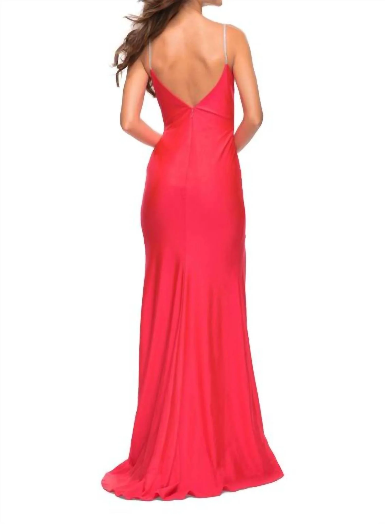 Neon Jersey Rhinestone Strap Gown In Hot Coral - Image 2