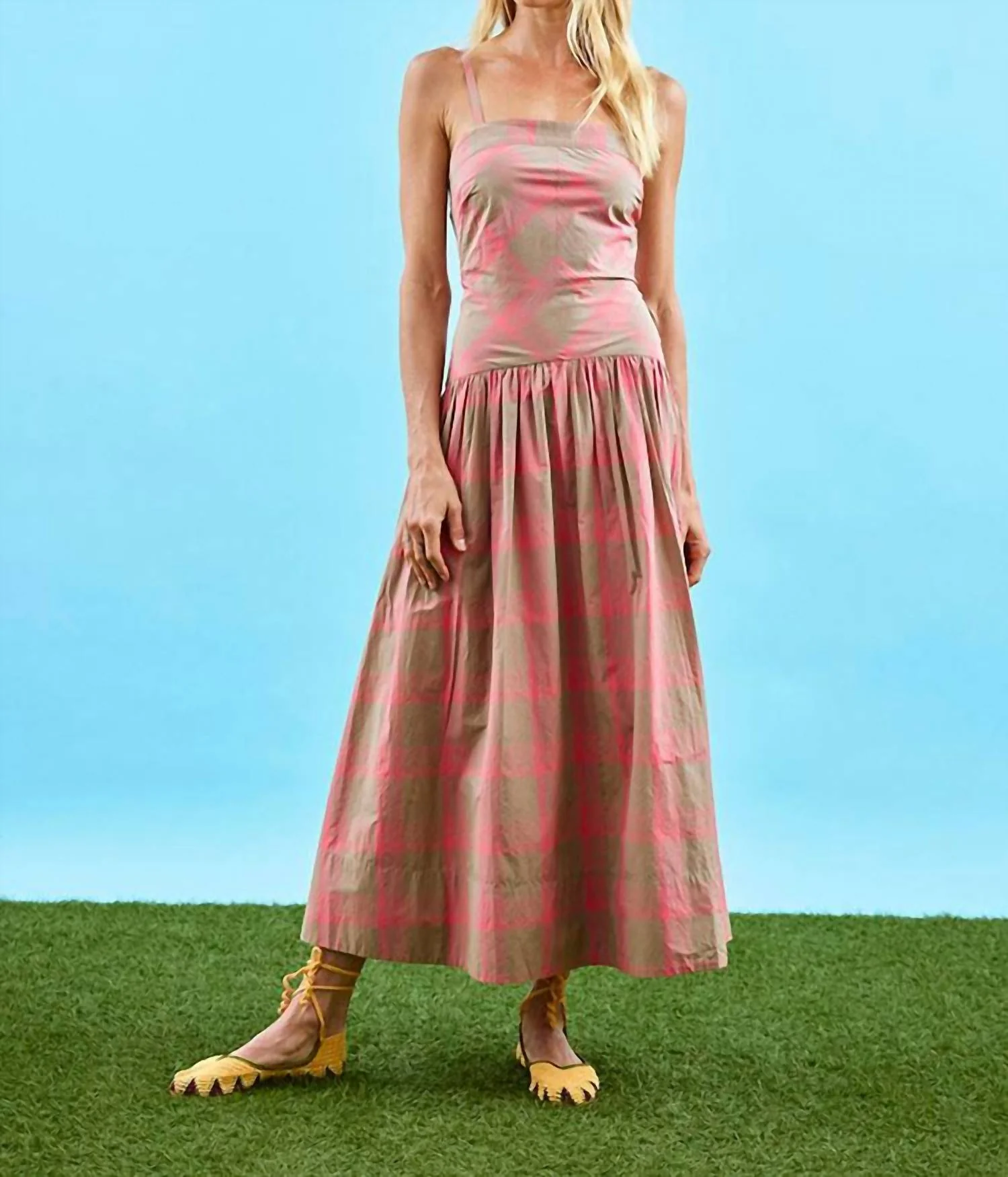 Newberry Drop Waist Plaid Midi Dress In Day Glow Check