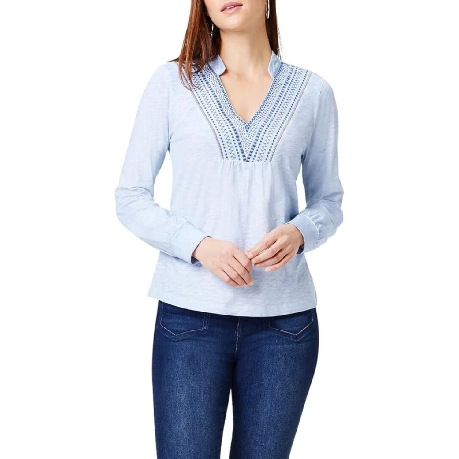 NIC+ZOE Blueline Top Women's Blue Embroidered V-Neck Long Sleeve FROG462 - Image 3