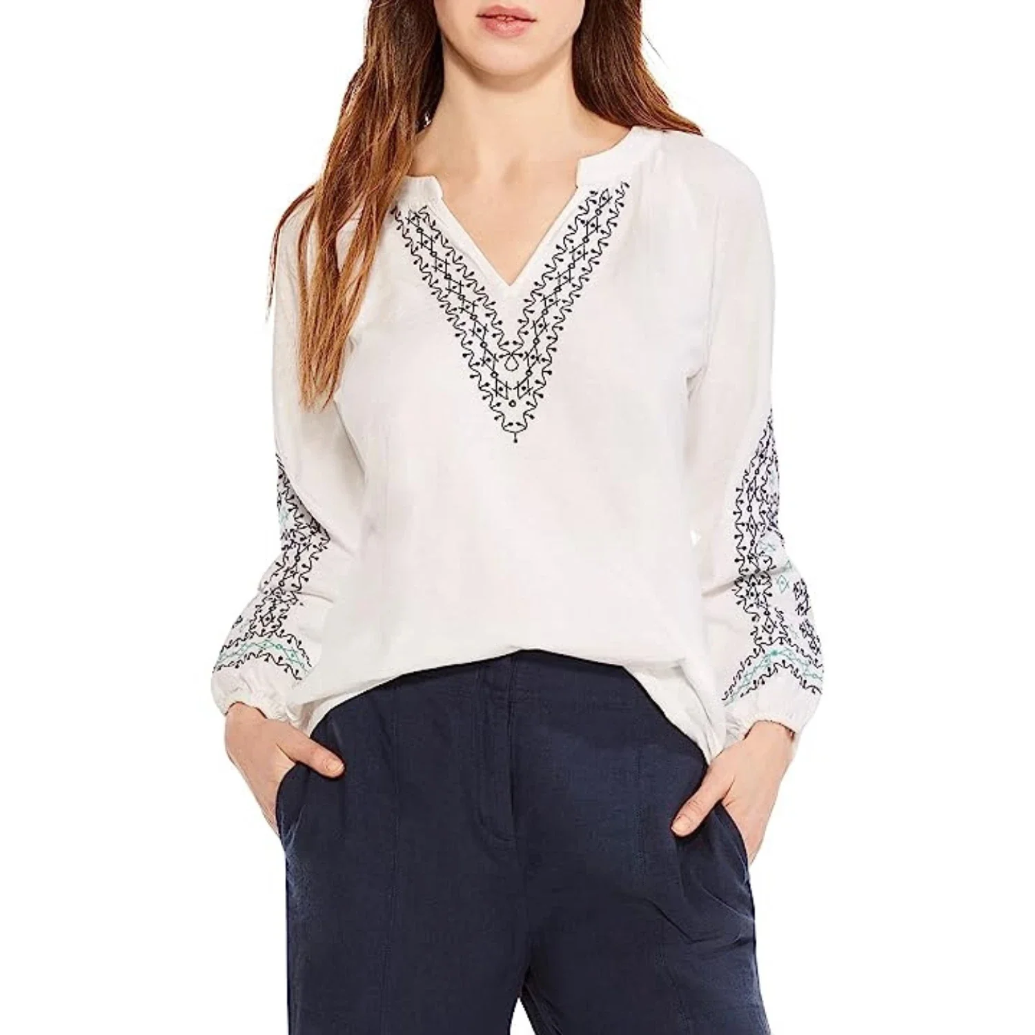 Nic+Zoe Solstice Top Women's White Embroidered V-Neck Long Sleeve FROG157