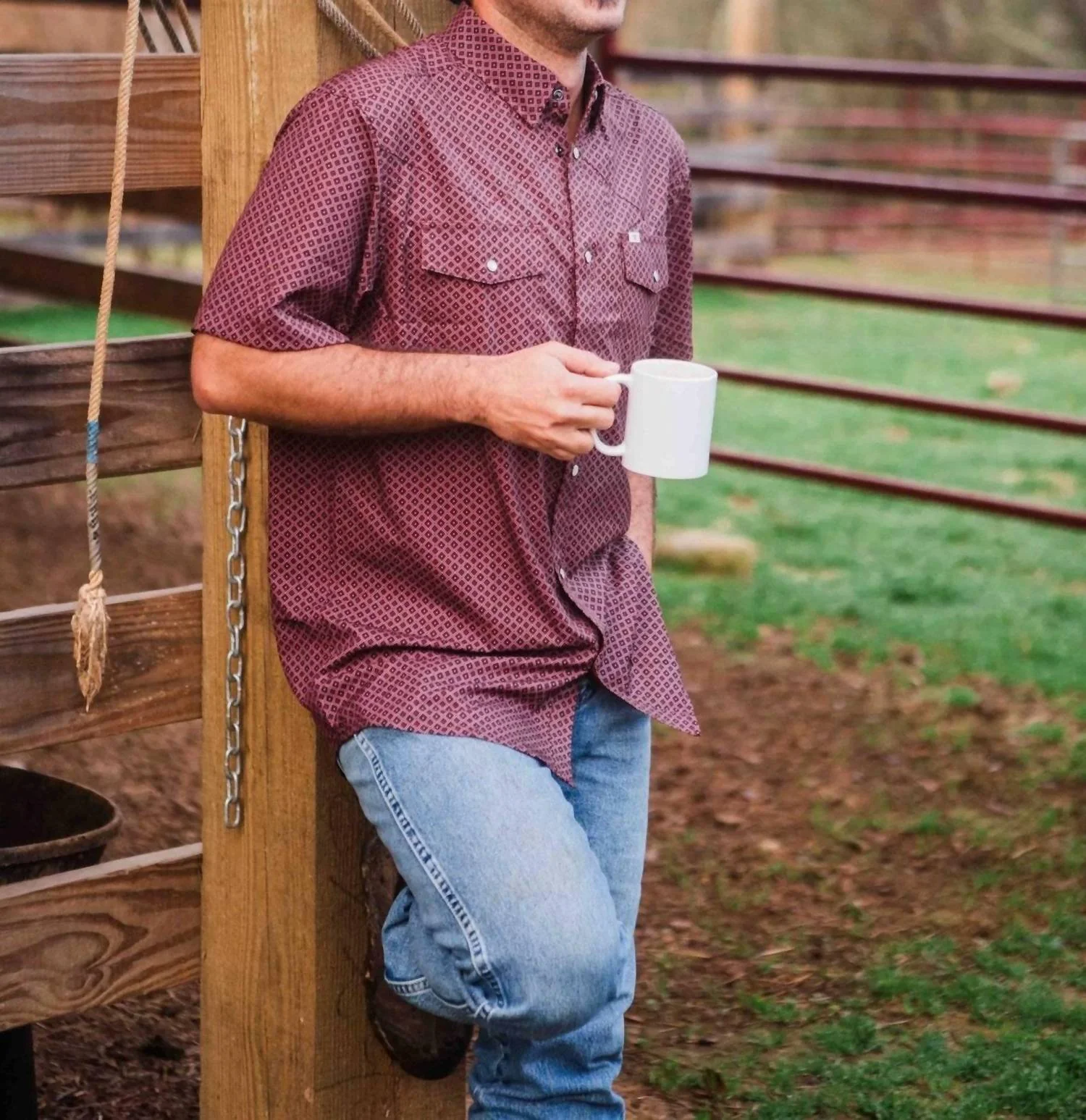 Nicholas Pearl Snap Short Sleeve Shirt In Burgundy