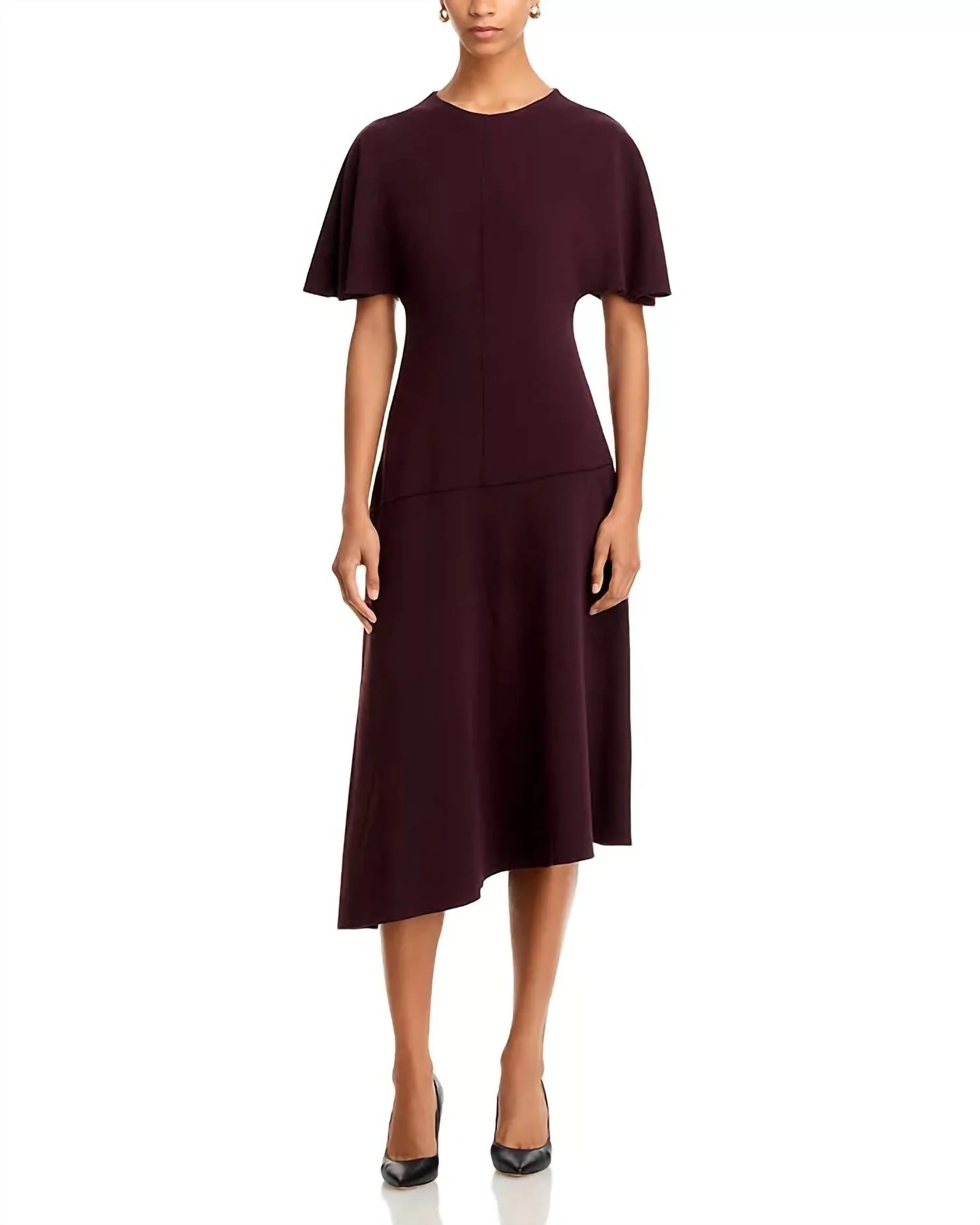 Nicola Asymmetric Midi Dress In Aubergine