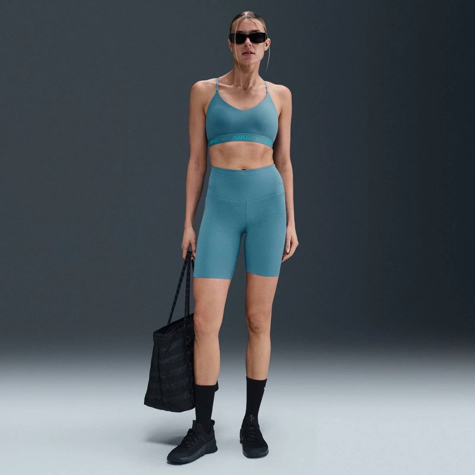 Nike Zenvy Biker Shorts Womens Blue Stretch Dri-Fit High Waist Active DSGL814 - Image 5
