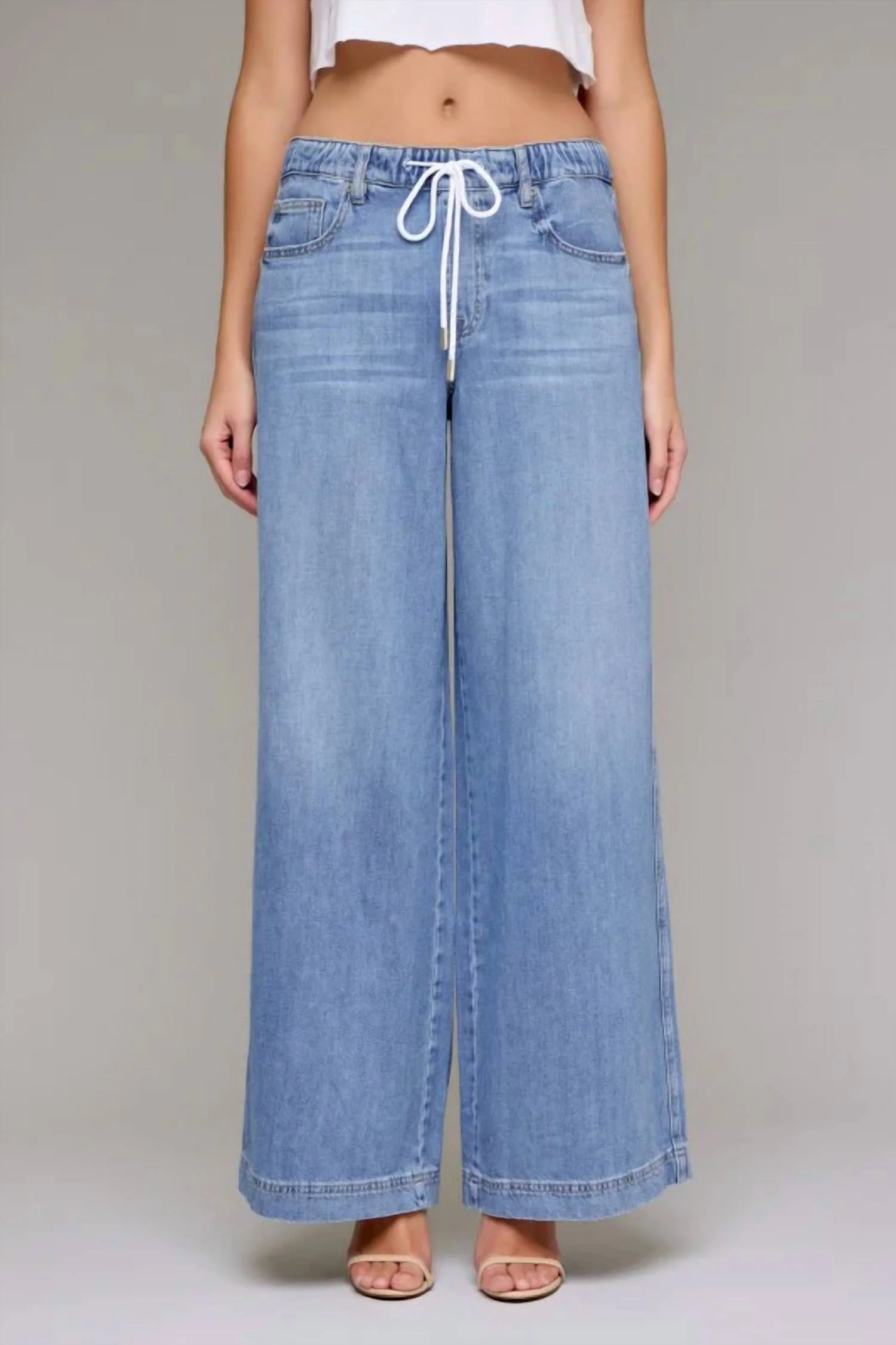 Nori Elastic Waistband Wide Leg Jeans In Denim