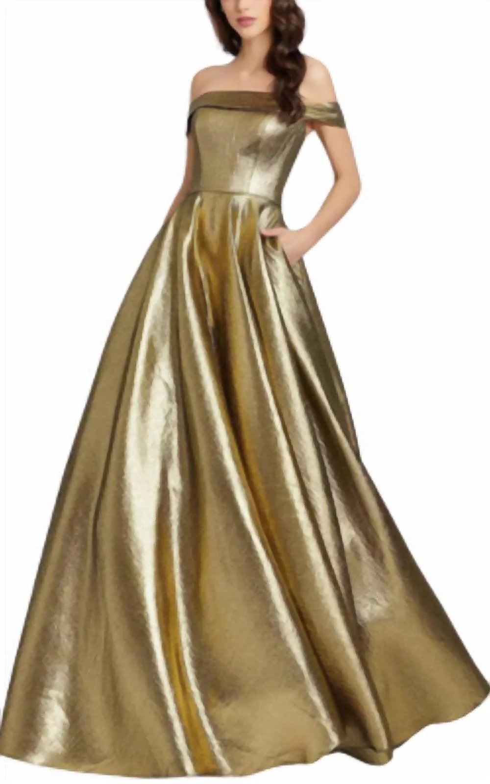Off The Shoulder Metallic Ball Gown In Gold