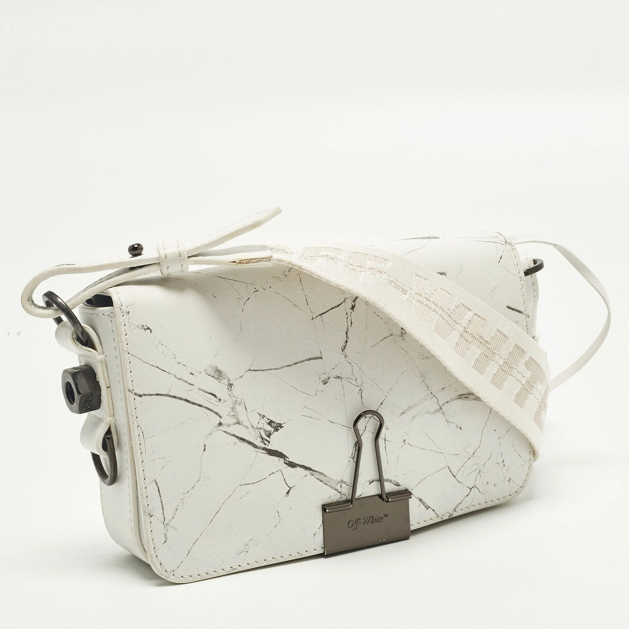 Off-White Binder Clip Marble Print White/grey Leather Crossbody Bag - Image 3