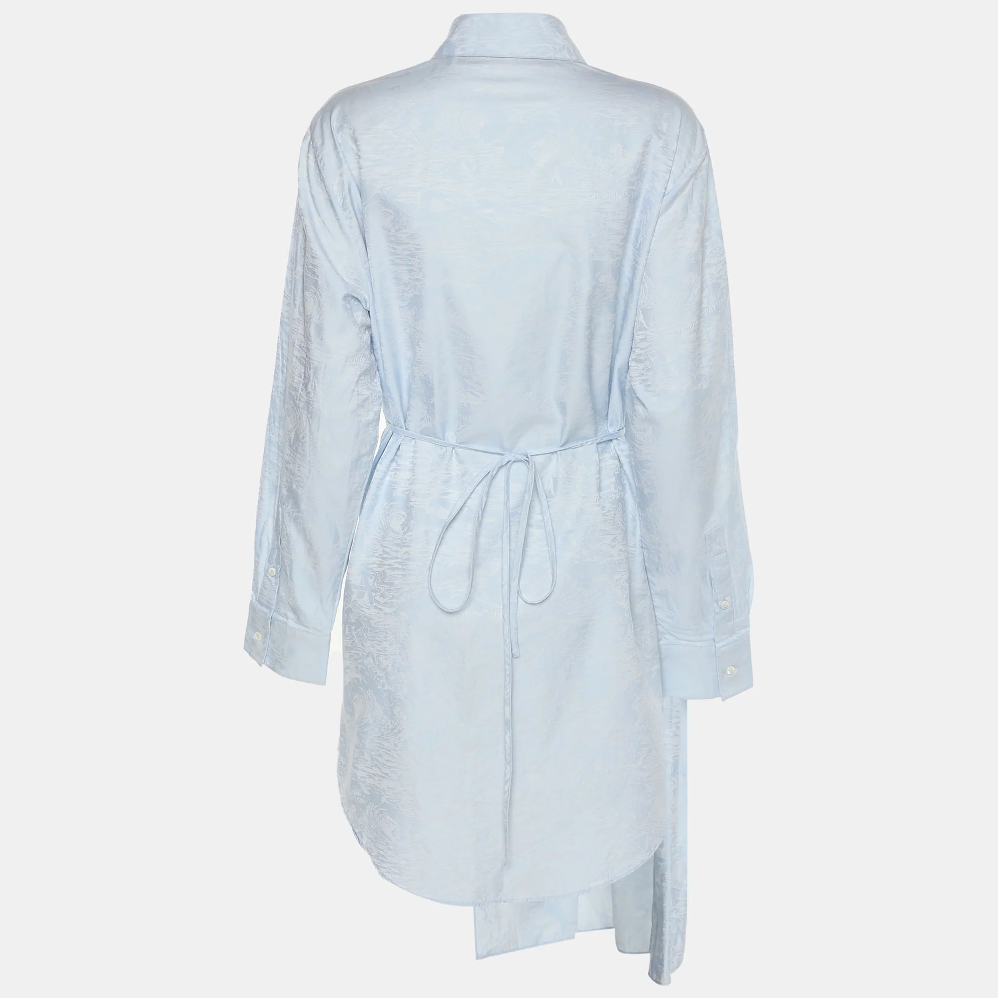 Off-White Light Blue Jacquard Belted Pleated Shirt Dress - Image 3