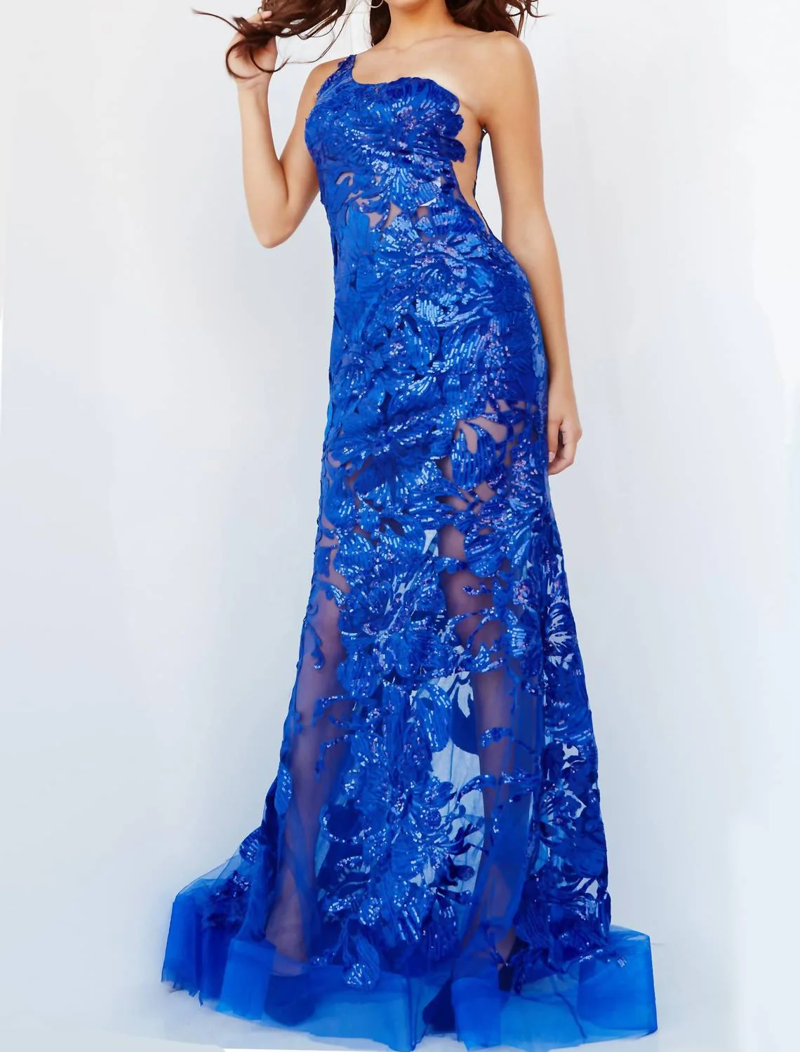 One Shoulder Embellished Evening Gown In Royal