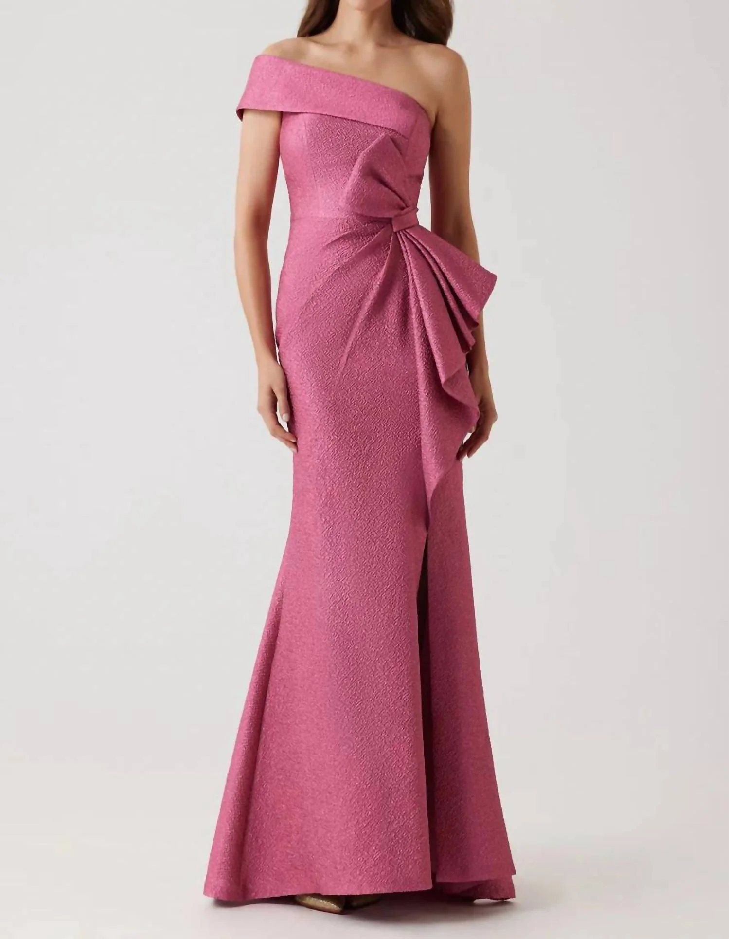 One Shoulder Gown In Hot Pink