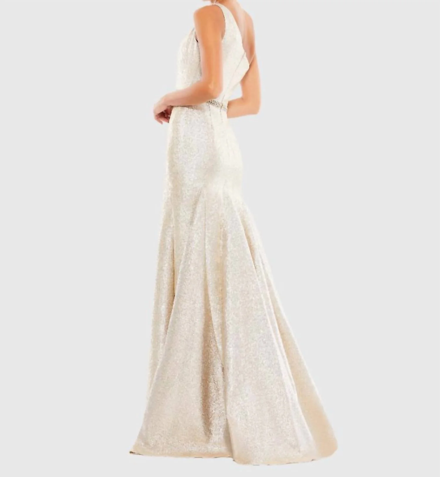 One Shoulder Metallic Ruffled Evening Gown In Oyster - Image 3