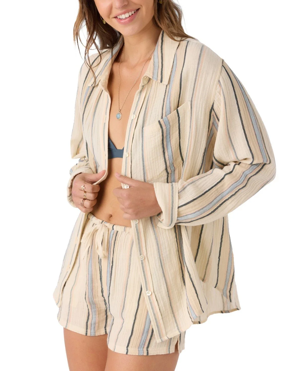 O'Neill Leni Stripe Top Women's Ivory Cotton Long Sleeve Relaxed Fit DSGL1249 - Image 2