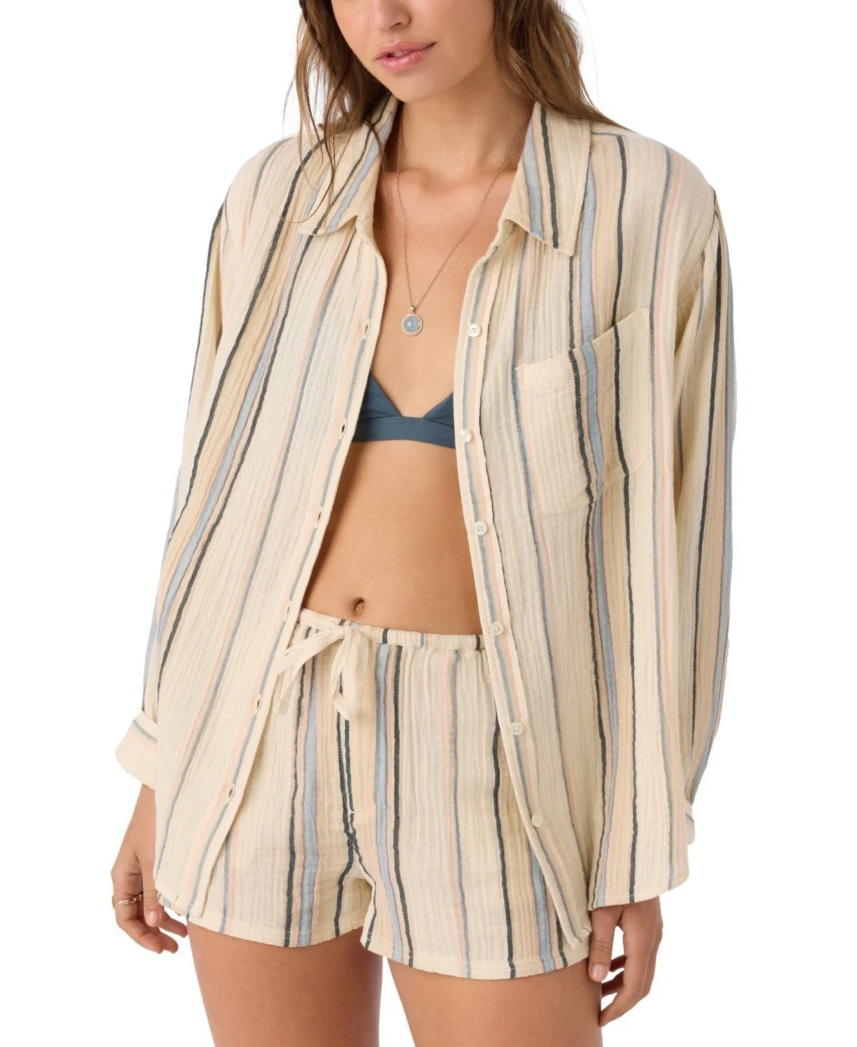 O'Neill Leni Stripe Top Women's Ivory Cotton Long Sleeve Relaxed Fit DSGL1249 - Image 4