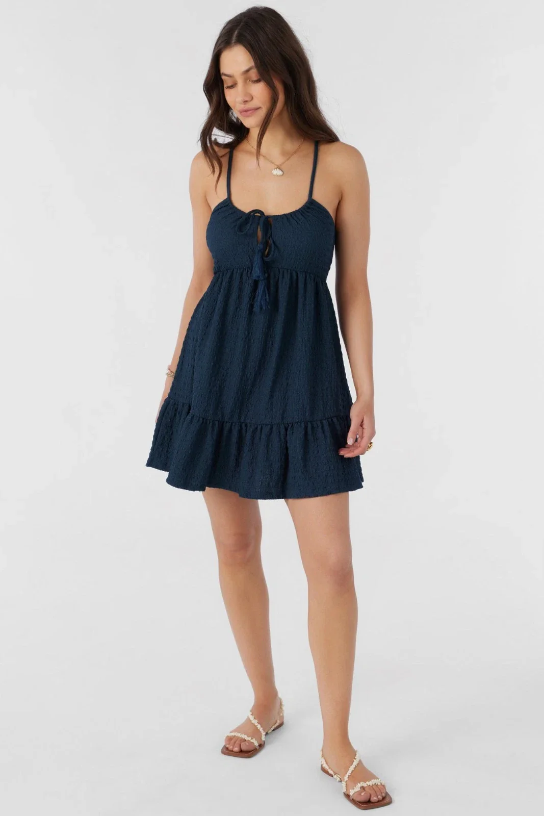 O'Neill Saige Mini Dress Women's Slate Textured Knit Tassel Tie-Neck FROG341