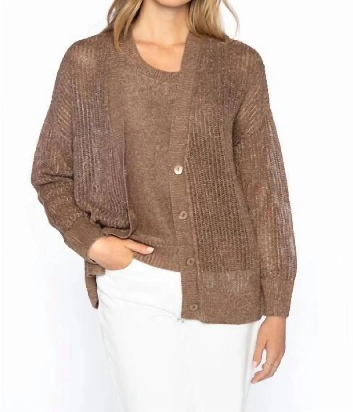 Open Texture Lurex Cardigan In Saddle