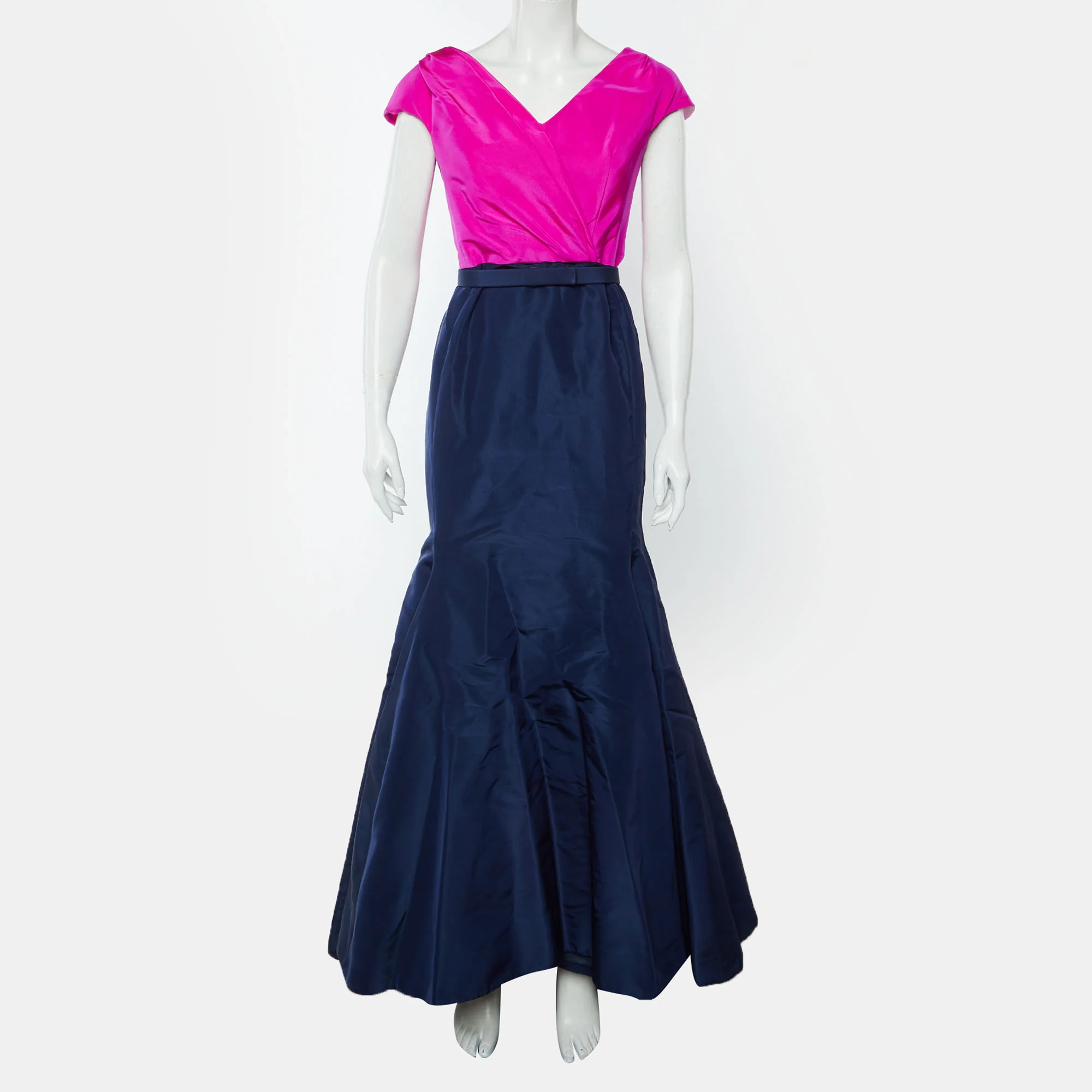 Oscar De La Renta Navy Blue/pink Silk Gabardine Maxi Dress - Image 2