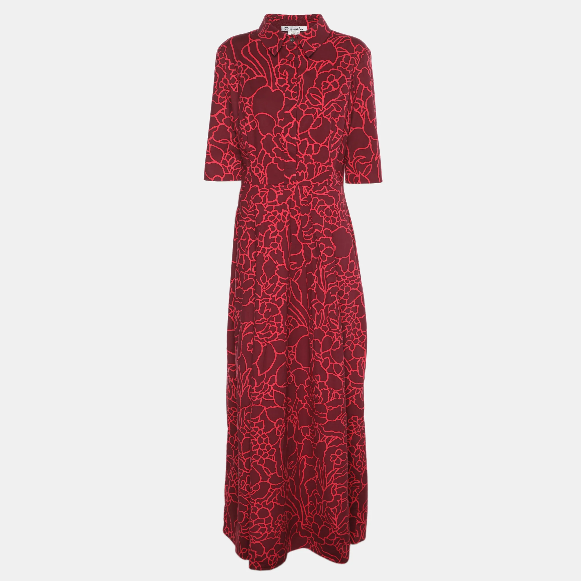 Oscar De La Renta Pink Floral Printed Stretch Cotton Collared Maxi Dress