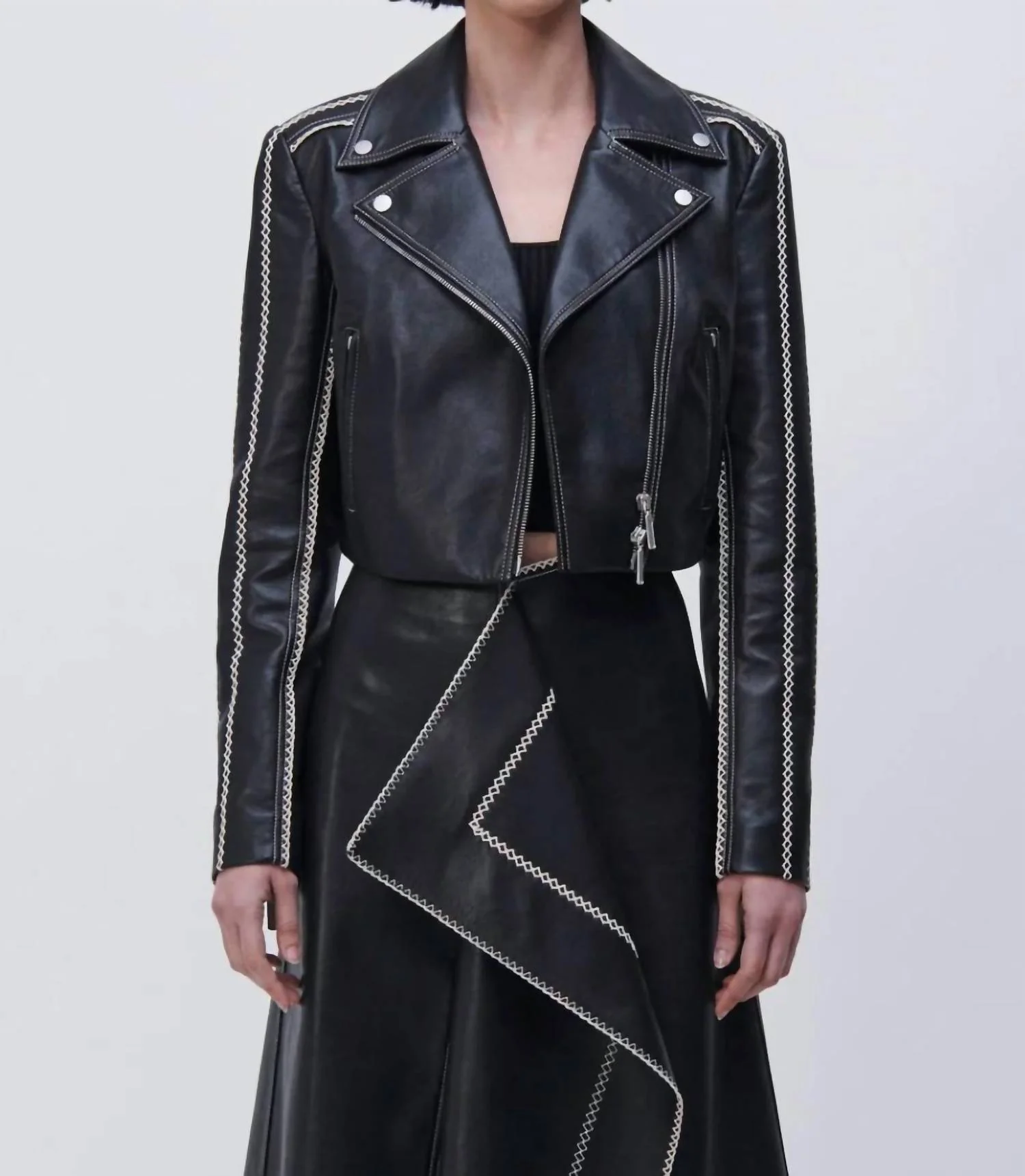 Oslo Cropped Embroidered Biker Jacket In Black