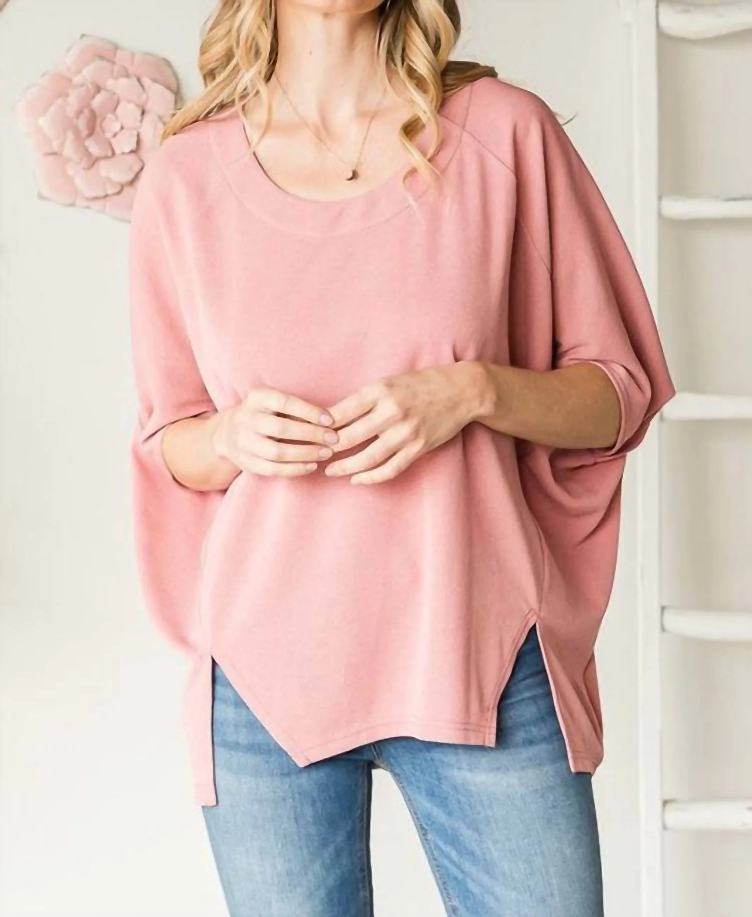 Oversized Front Slit Batwing Top In Bubblegum