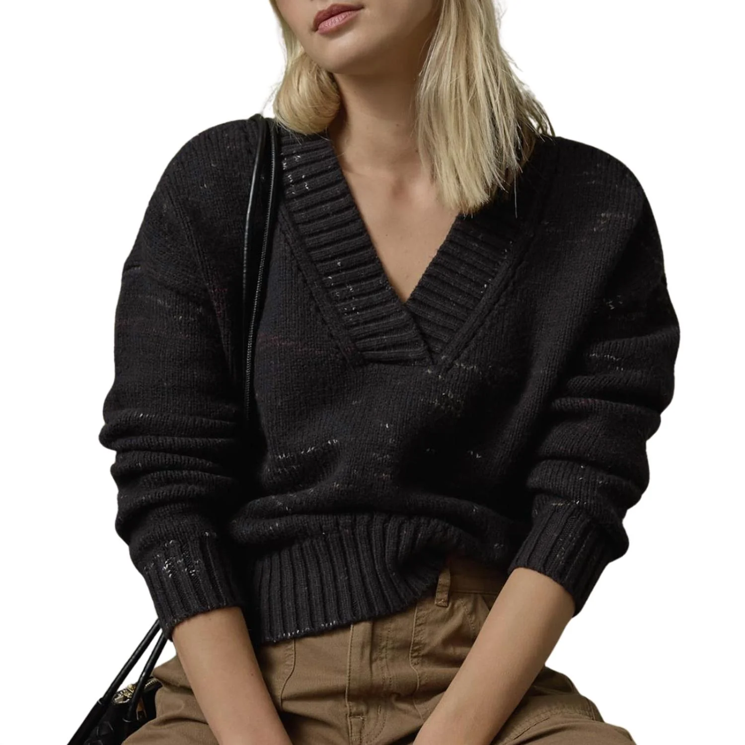 Oversized V-Neck Sweater In Black Combo - Image 2