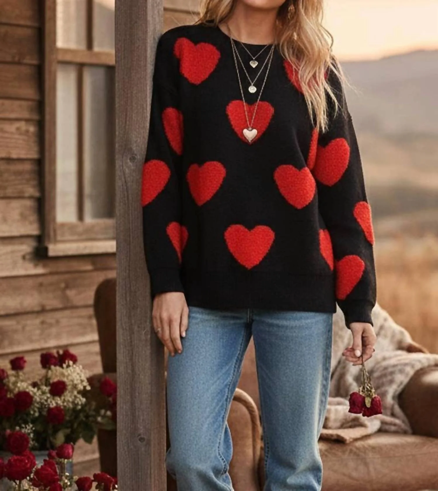 Oversized Valentine Side Slit Heart Sweater In Black/red - Image 2