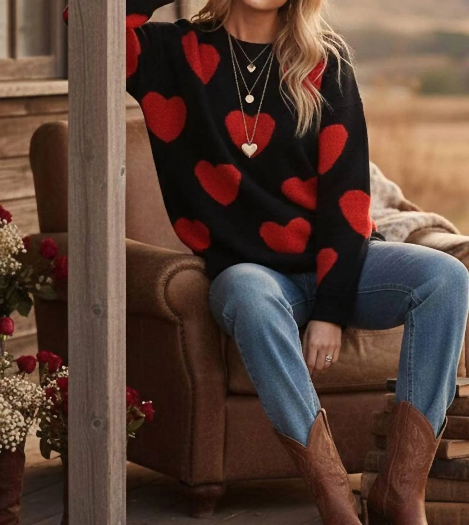Oversized Valentine Side Slit Heart Sweater In Black/red - Image 3