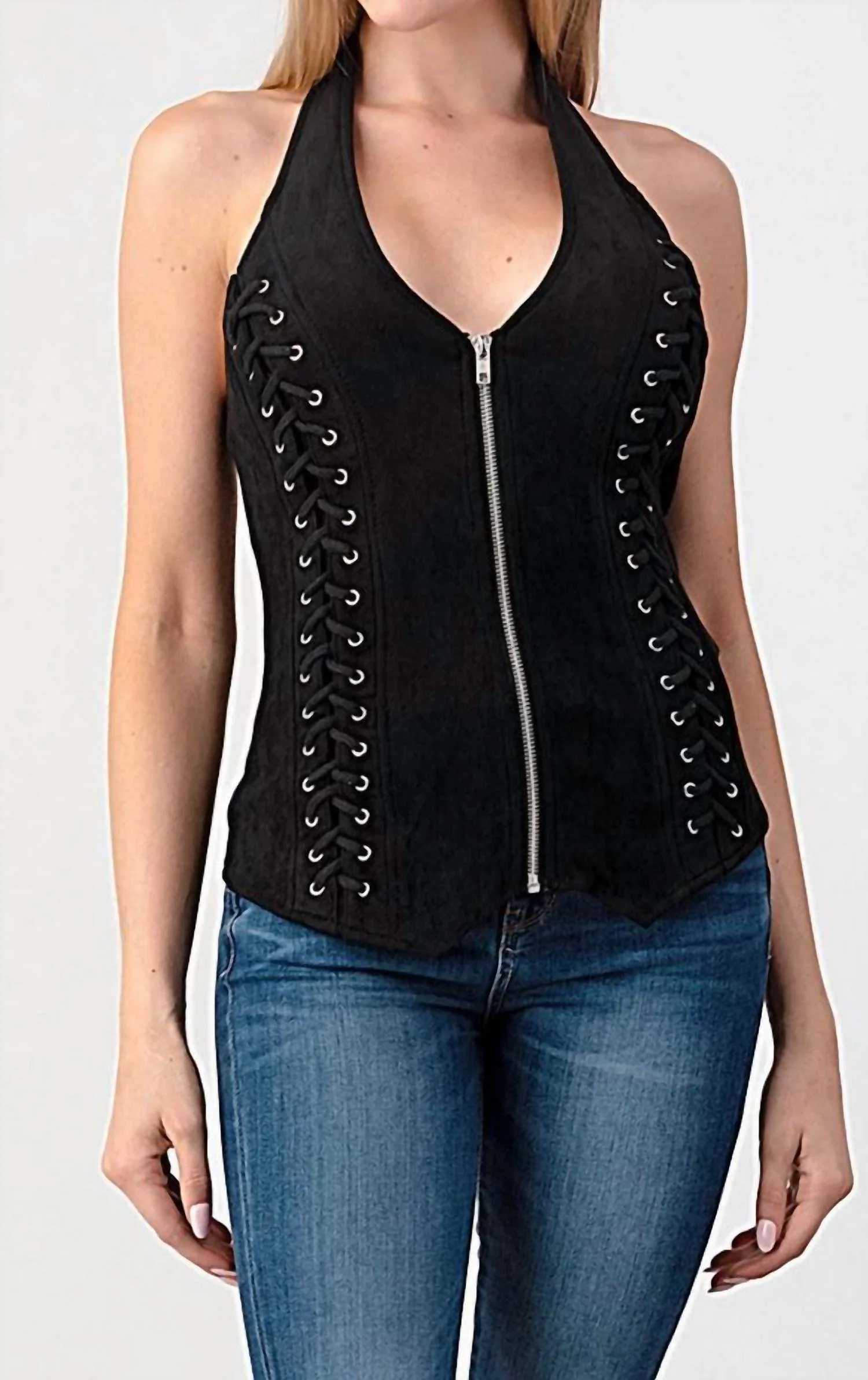 Ozark Zipped Up Faux Suede Halter Top In Black