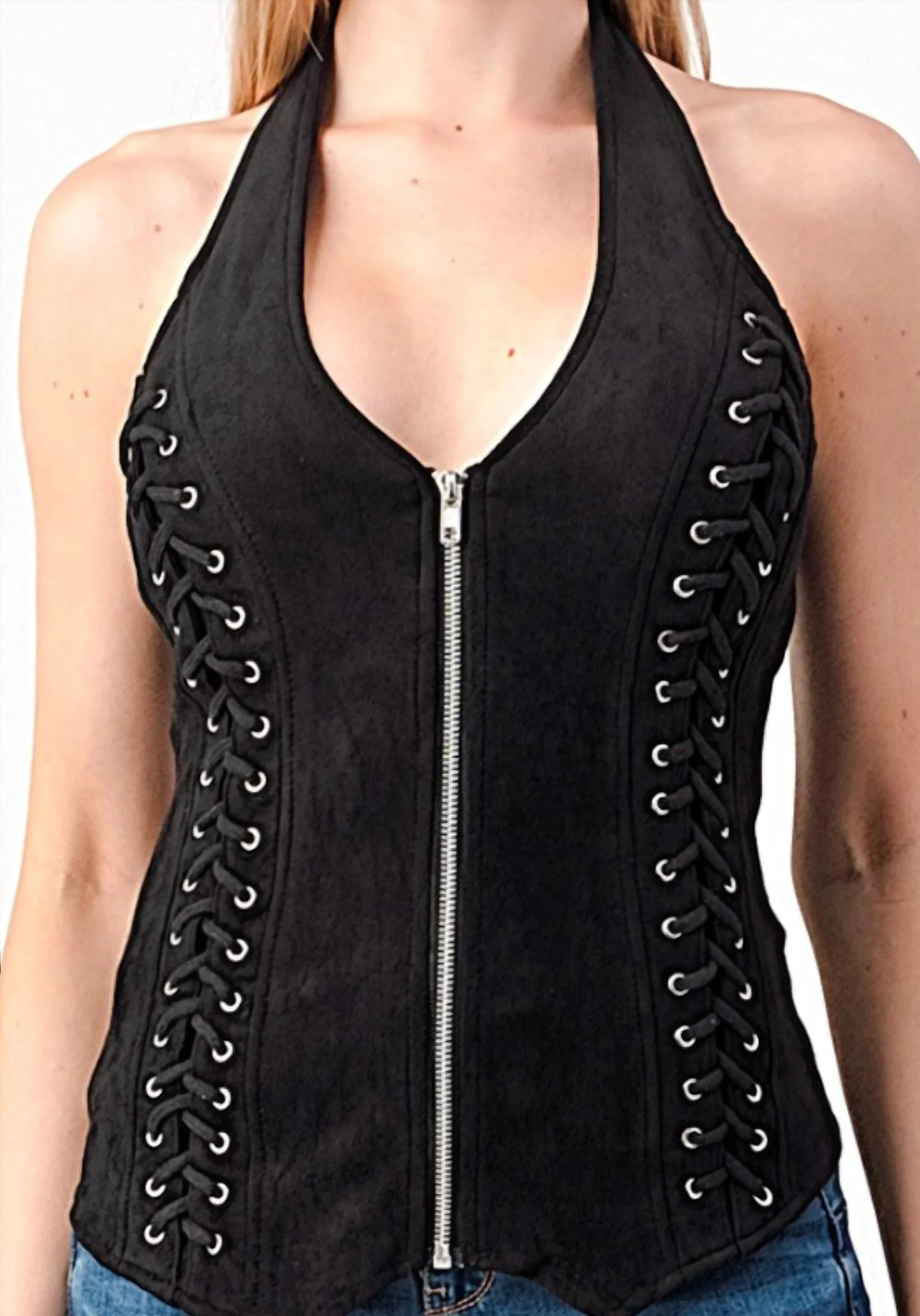 Ozark Zipped Up Faux Suede Halter Top In Black - Image 2