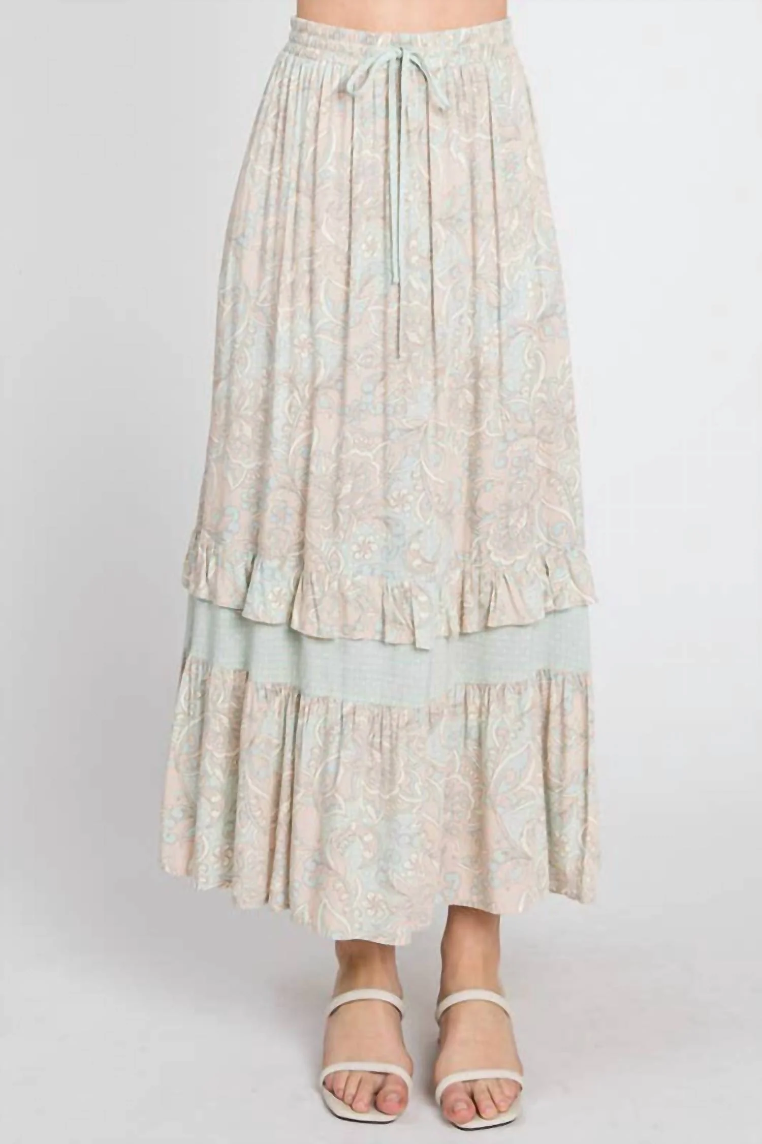 Paisley Ruffle Maxi Skirt In Mint And Taupe