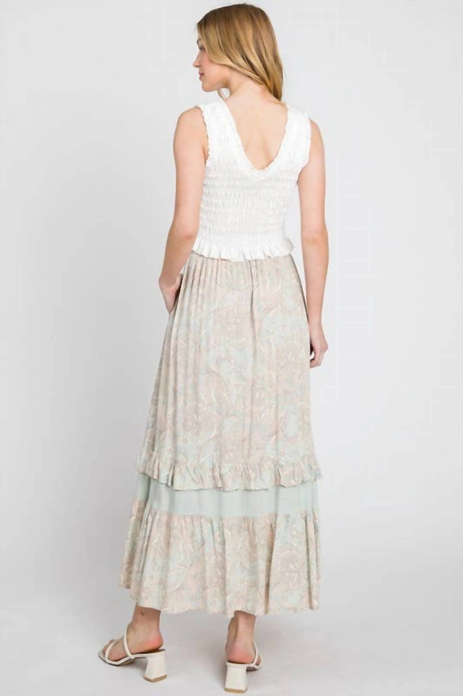Paisley Ruffle Maxi Skirt In Mint And Taupe - Image 2