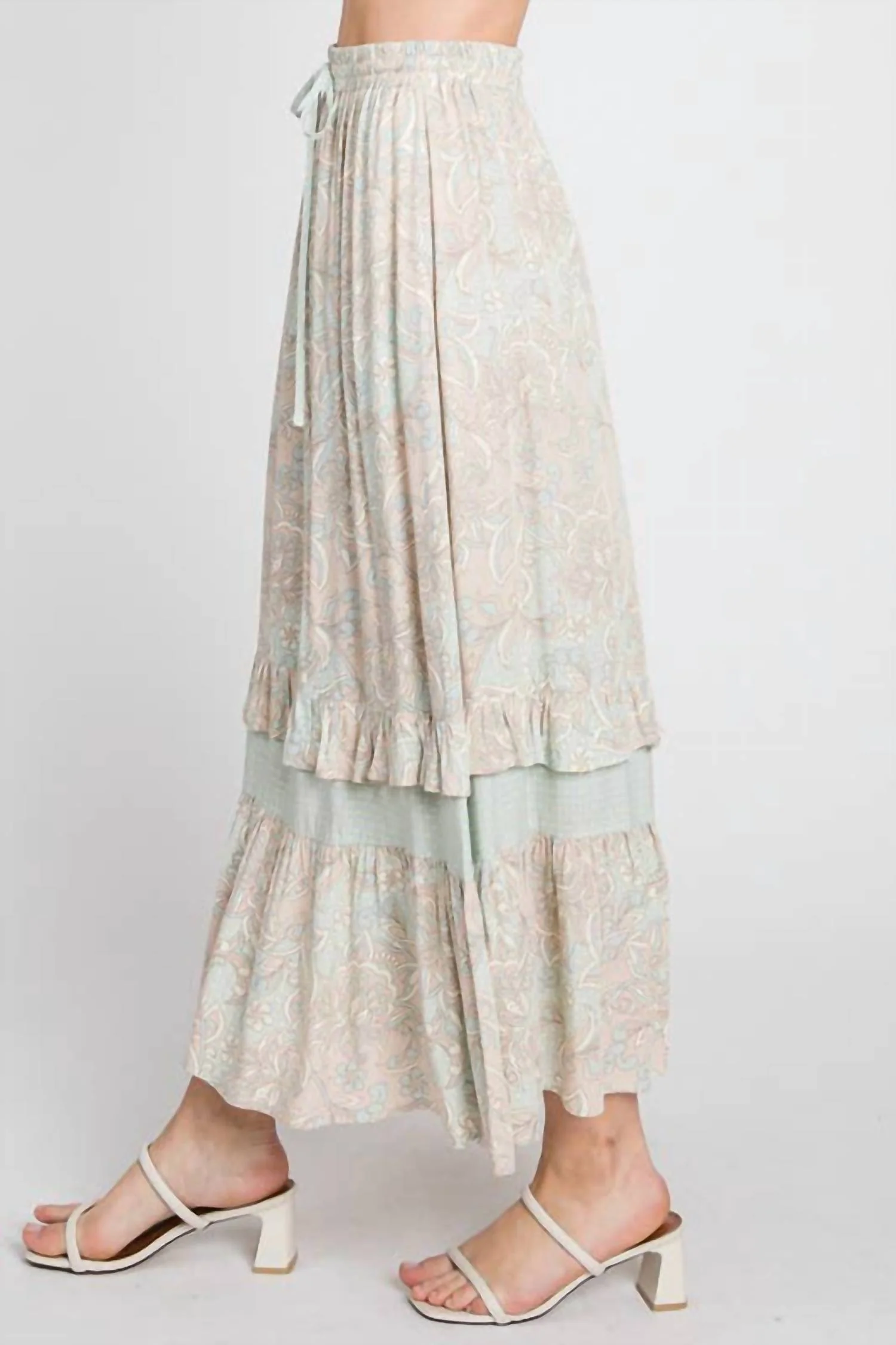 Paisley Ruffle Maxi Skirt In Mint And Taupe - Image 3