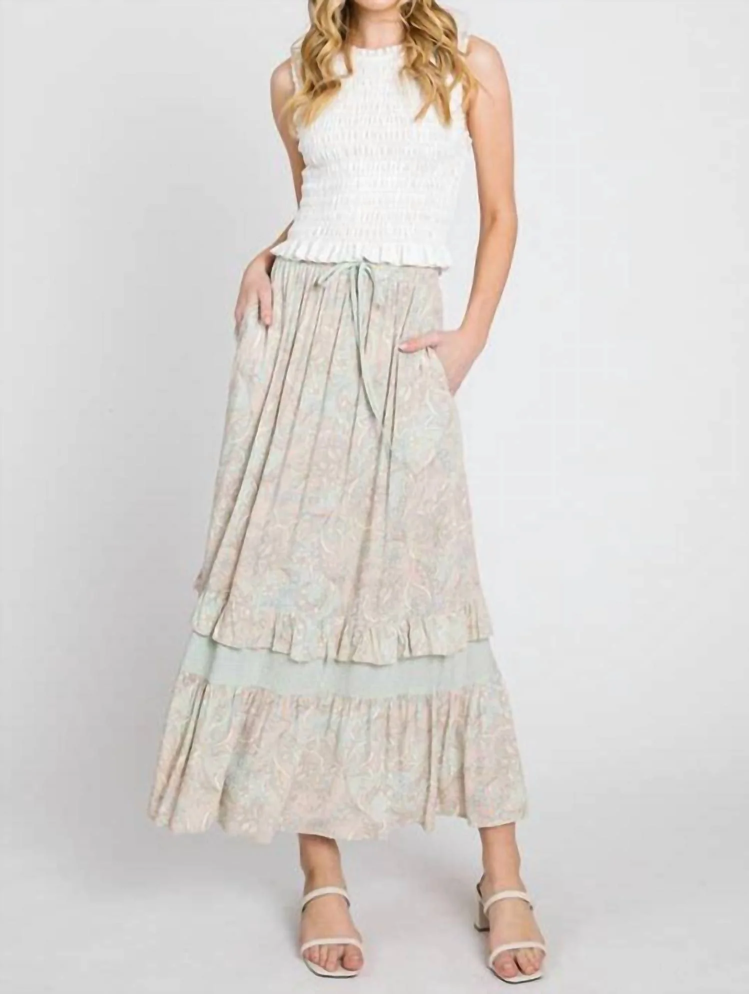 Paisley Ruffle Maxi Skirt In Mint And Taupe - Image 4
