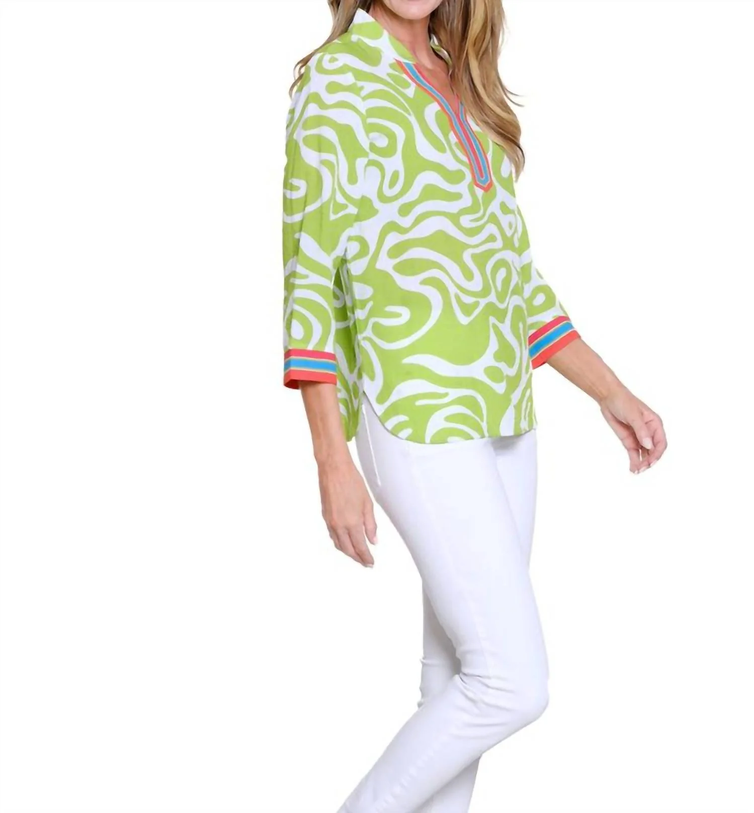 Palm Breeze Notch Neck Top In Multi - Image 2