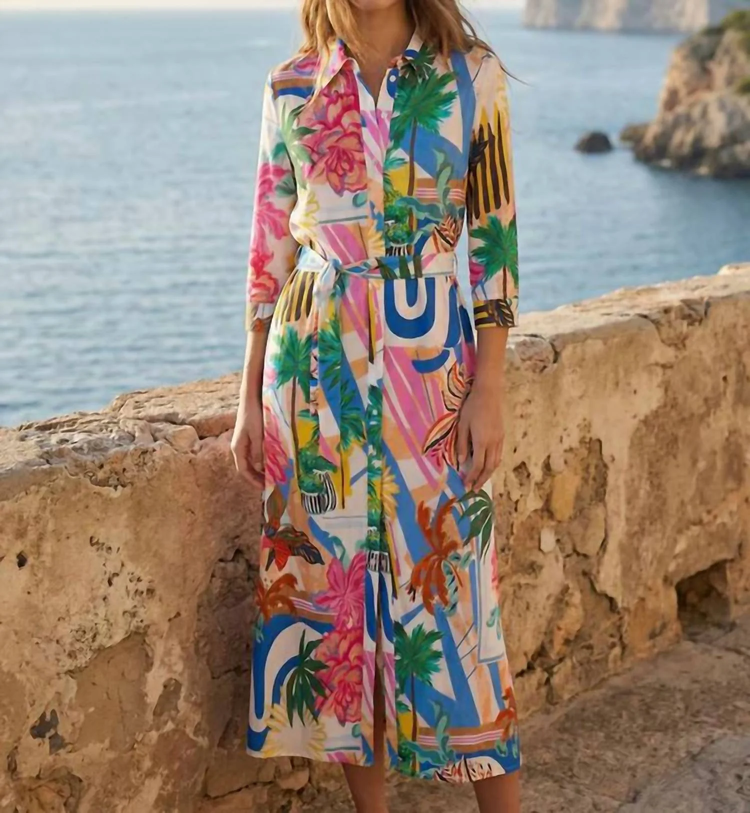 Palm Tree Print Dress In Multi Print