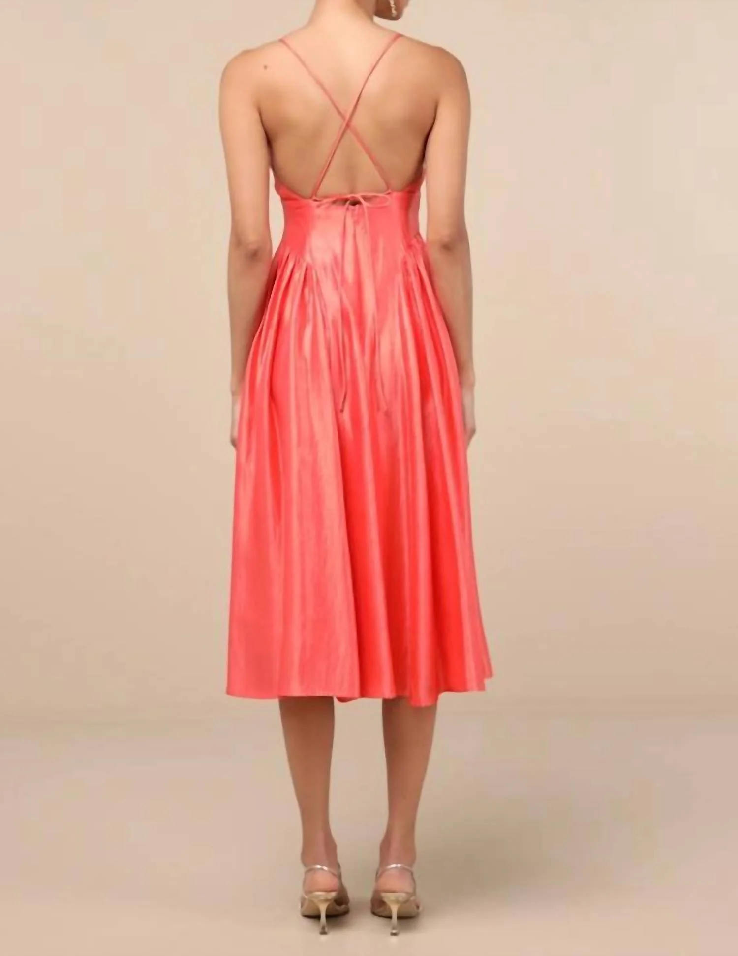 Paride Shiny Gathered Lace-Up Midi Dress In Coral - Image 2