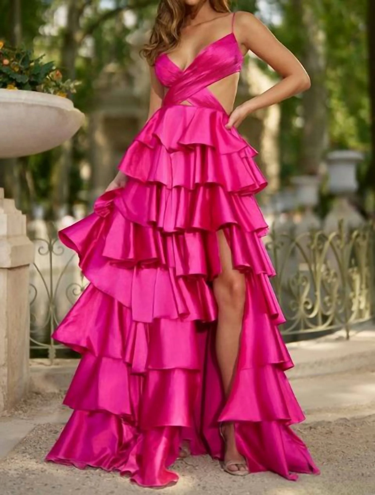Passion Cascade Evening Dress In Fuchsia