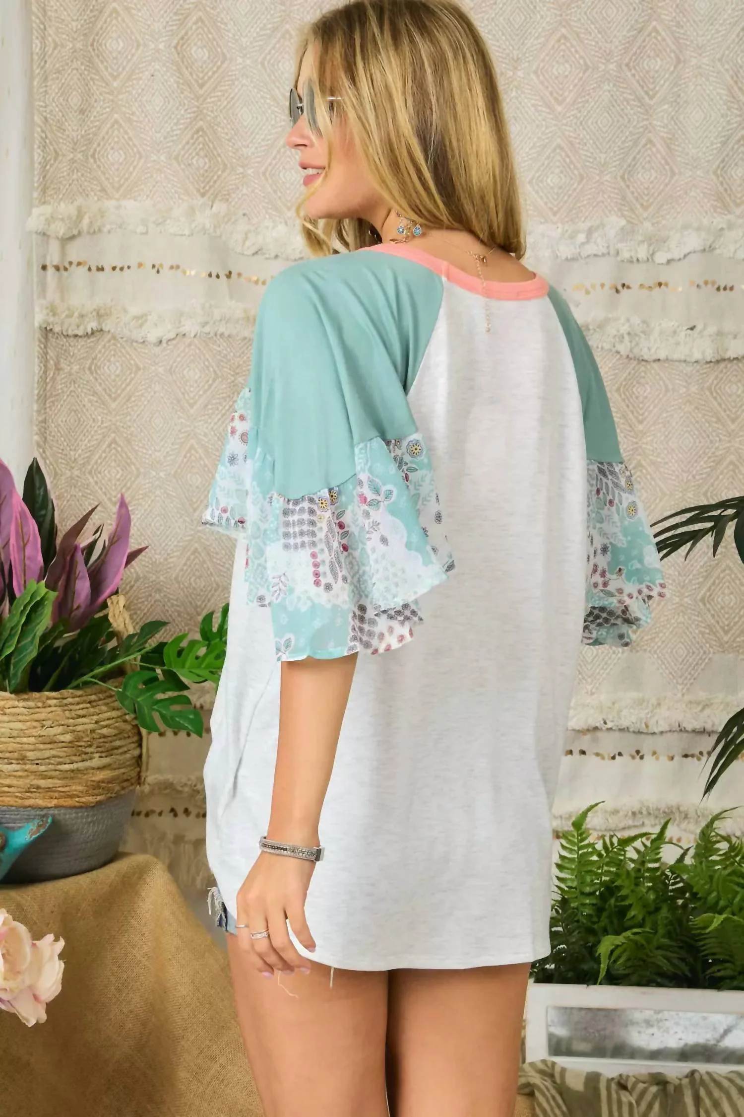 Patchwork Flared Sleeve Top In Deep Sage - Image 3