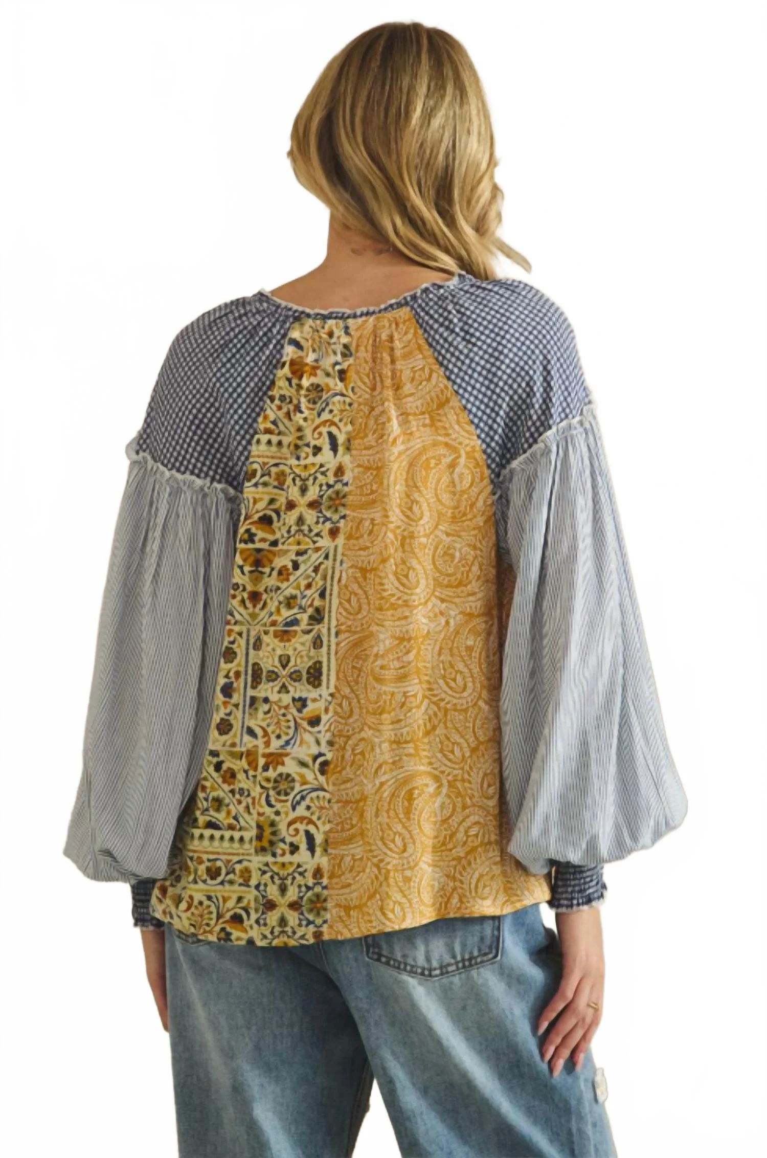 Patchwork Peasant Top In Honey & Blue - Image 2
