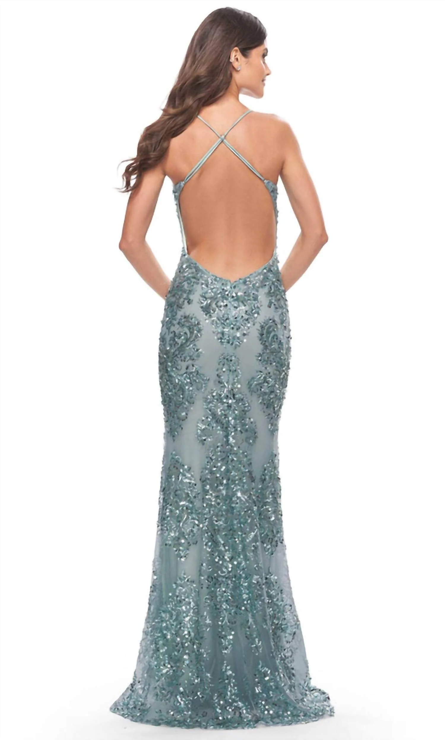 Patterned Sequin Plunging Prom Gown In Sea Mist - Image 3