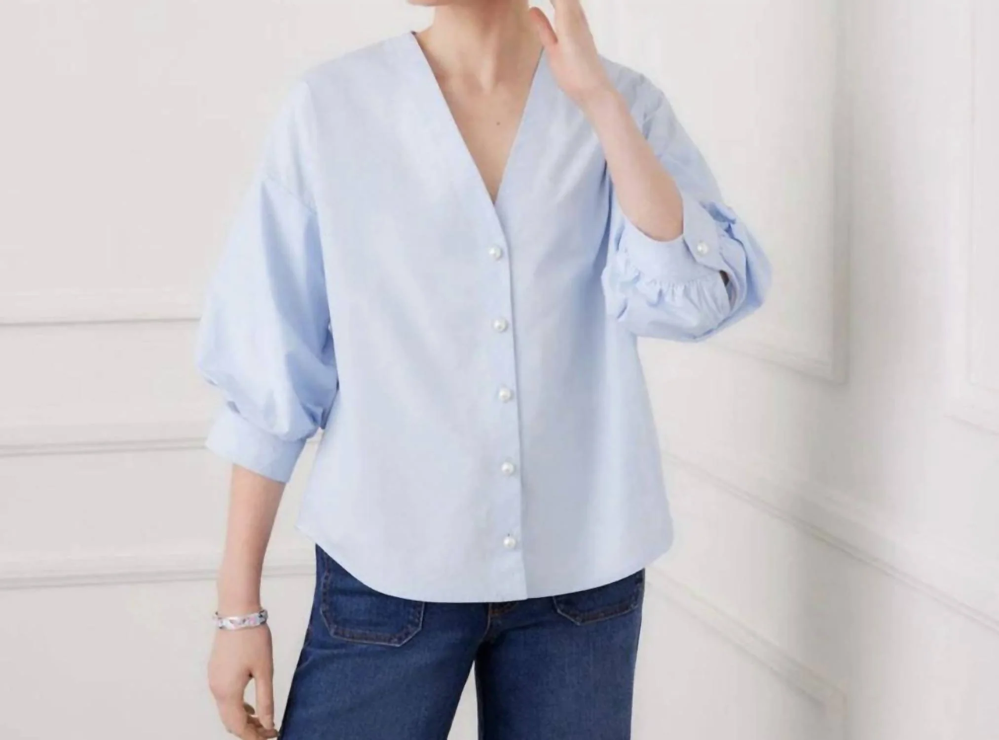 Pearl Button Blouse In Blue - Image 2