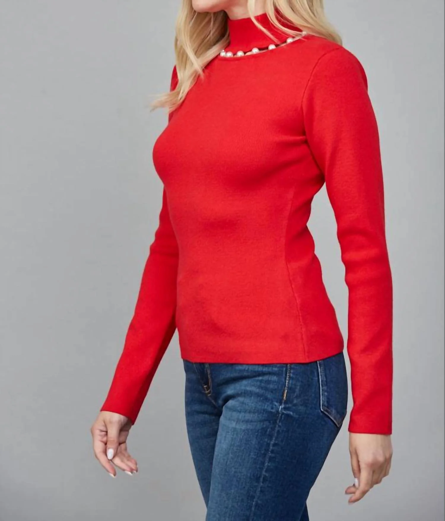 Pearl Trim Turtleneck Sweater In Red - Image 3