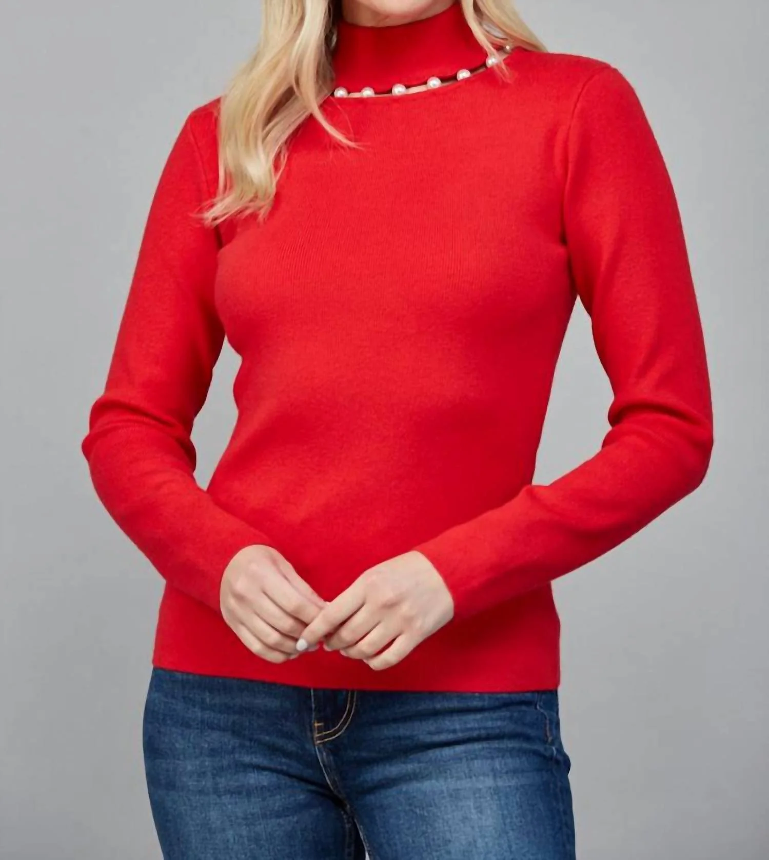 Pearl Trim Turtleneck Sweater In Red - Image 4