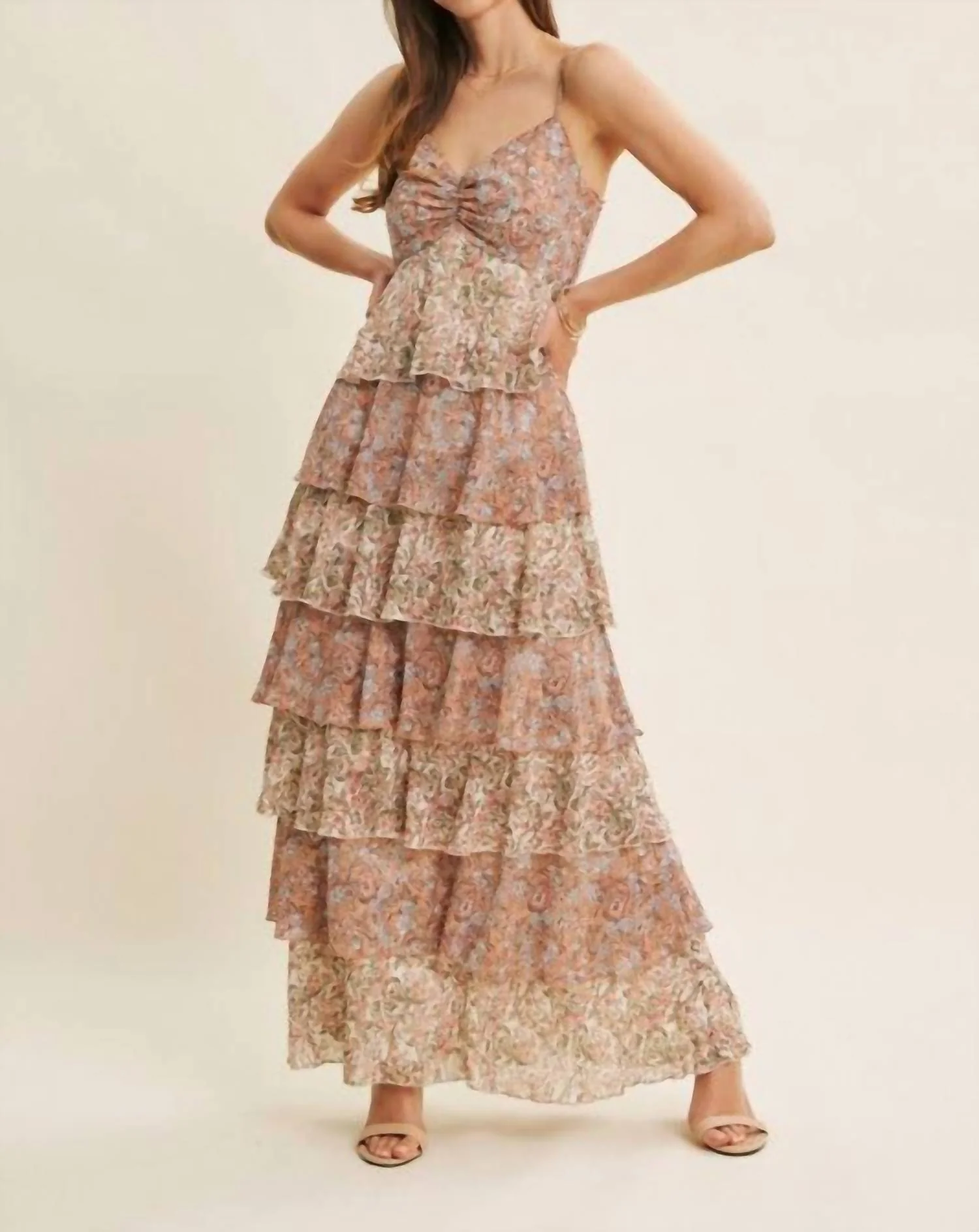 Penelope Tiered Ruffle Maxi Dress In Beige Multi - Image 3