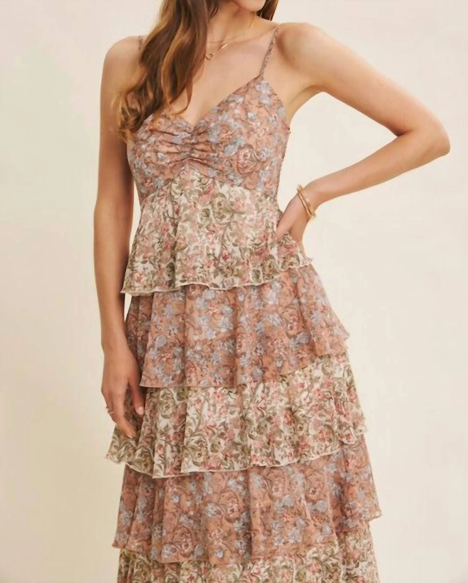 Penelope Tiered Ruffle Maxi Dress In Beige Multi - Image 4