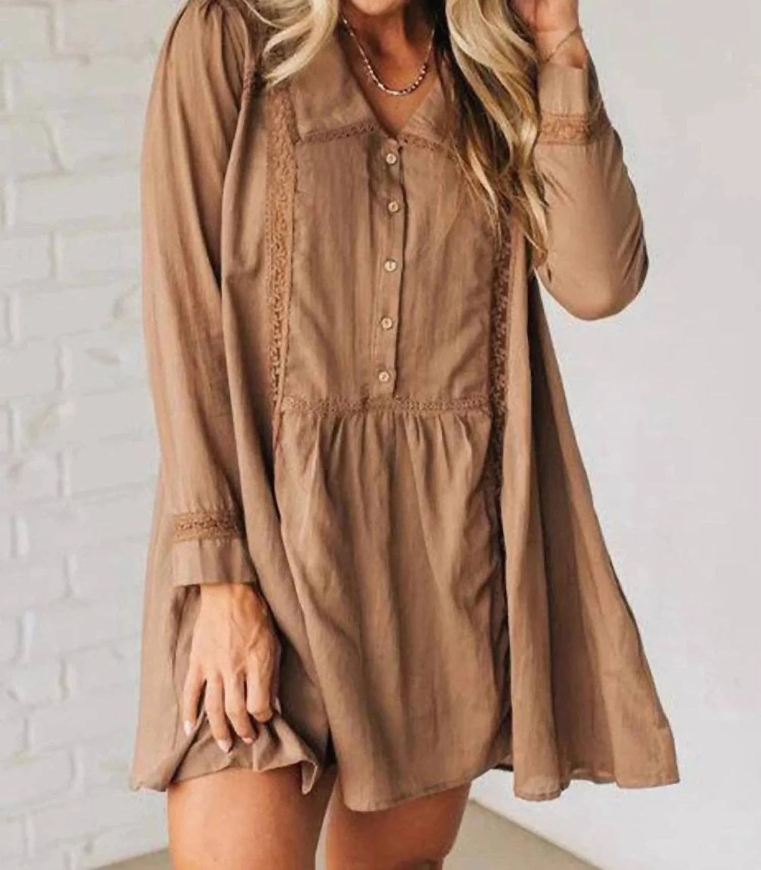 Peter Pan Collar Mini Shirt Dress In Mocha - Image 4