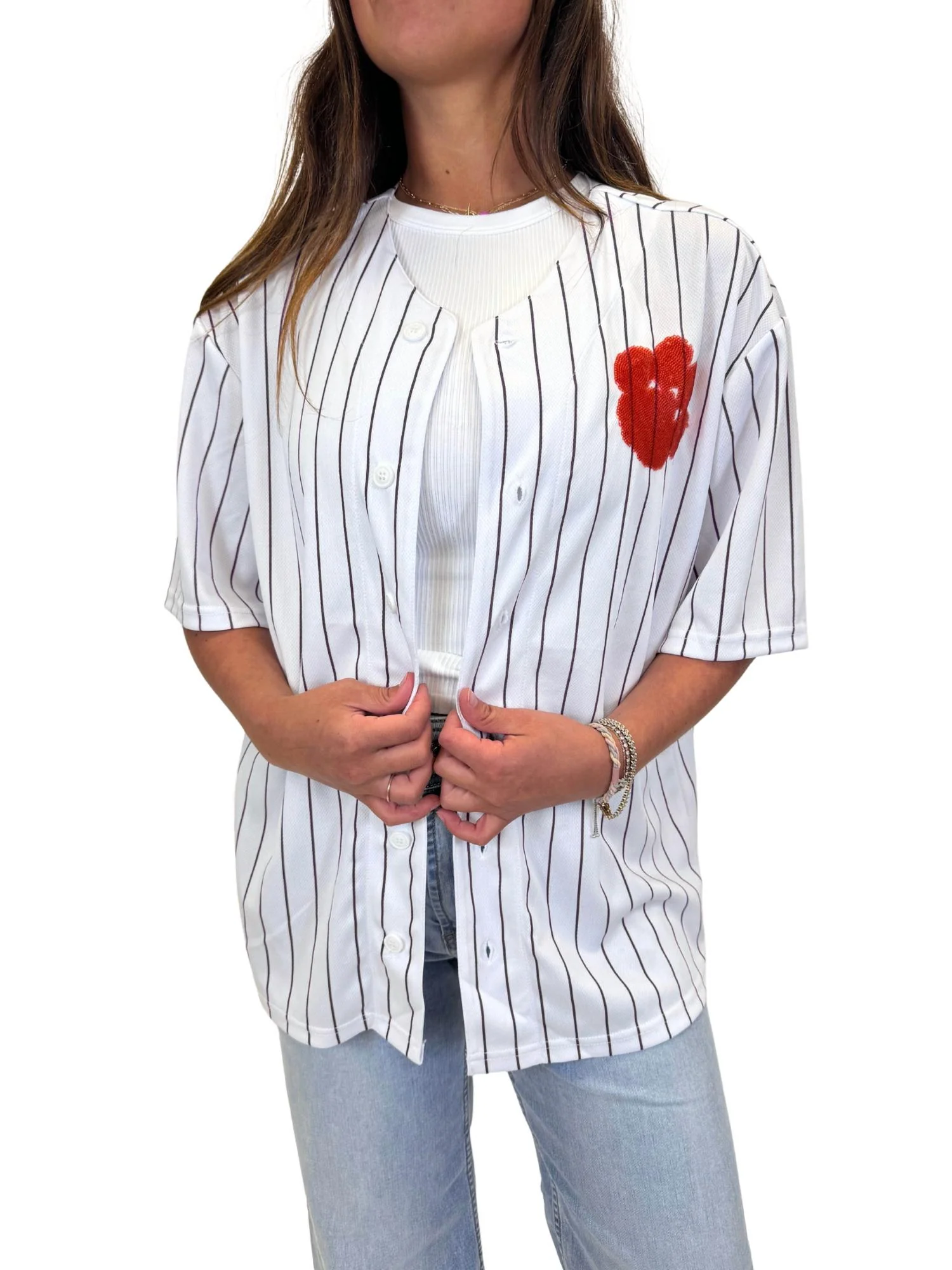 Pinstripe Tiger Paw Jersey Top In White