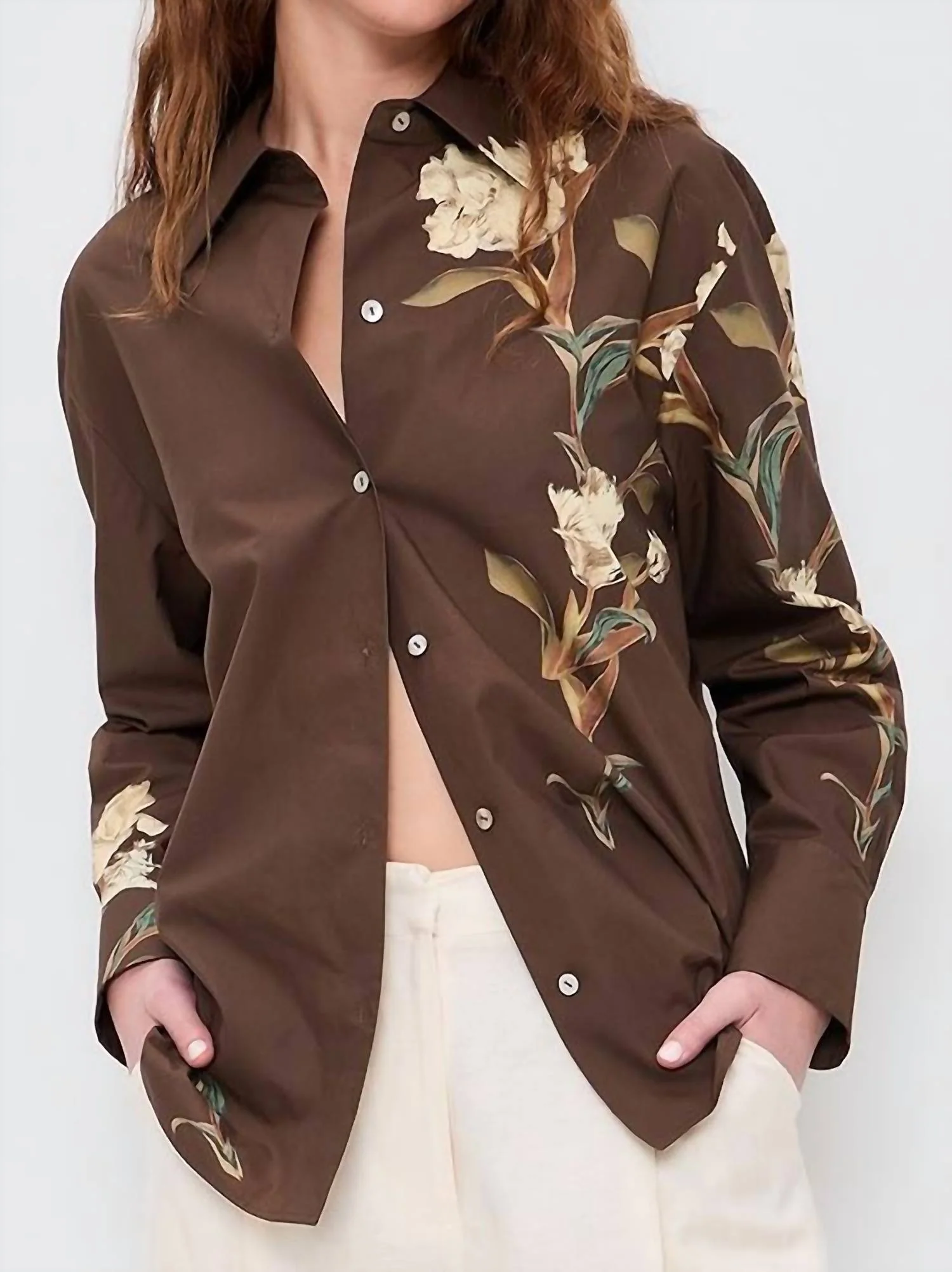 Placed Cream Iris Button Down Shirt In Dark Bark - Image 2