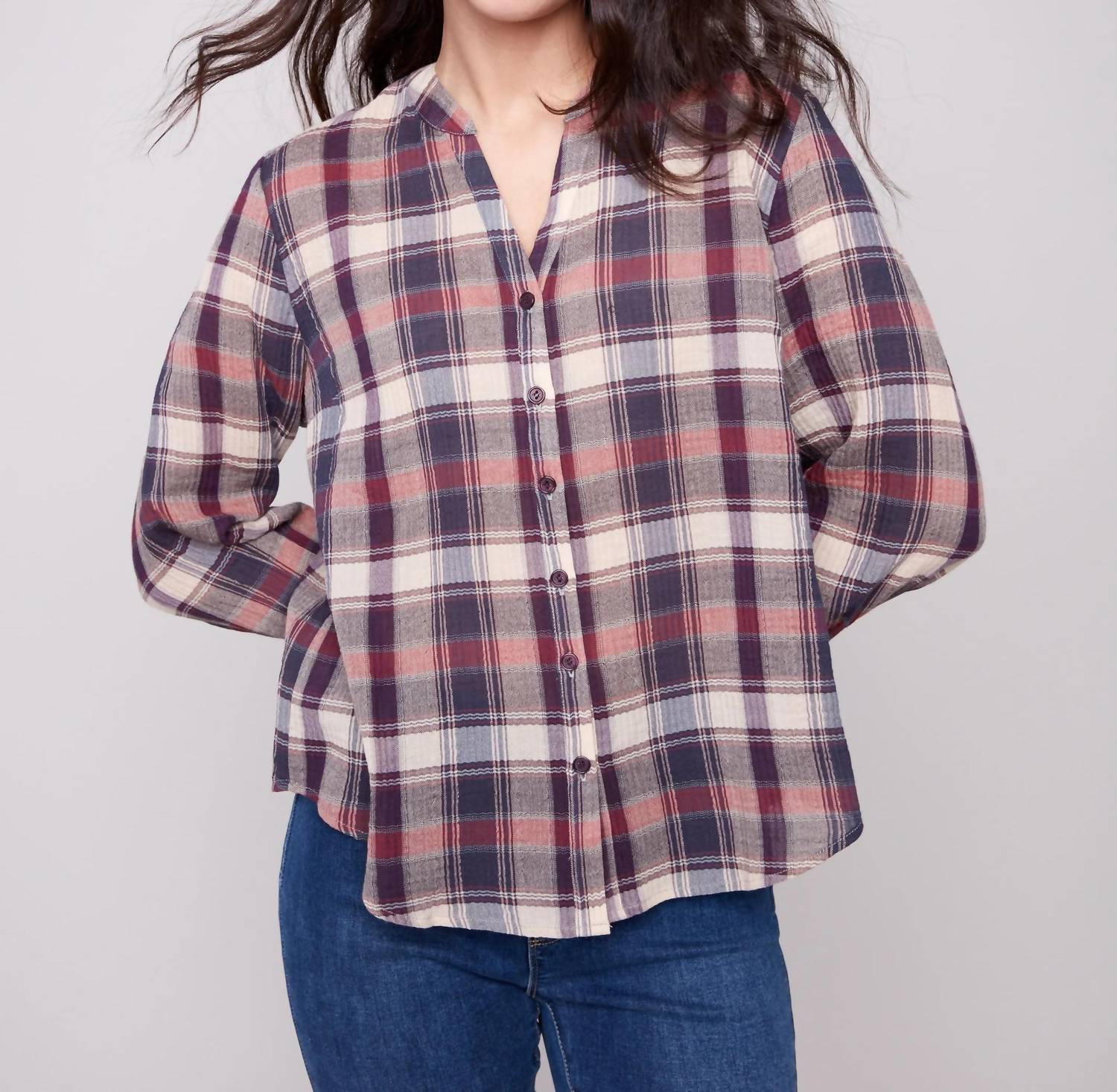 Plaid Bubble Gauze Button Down Shirt In Berry - Image 3