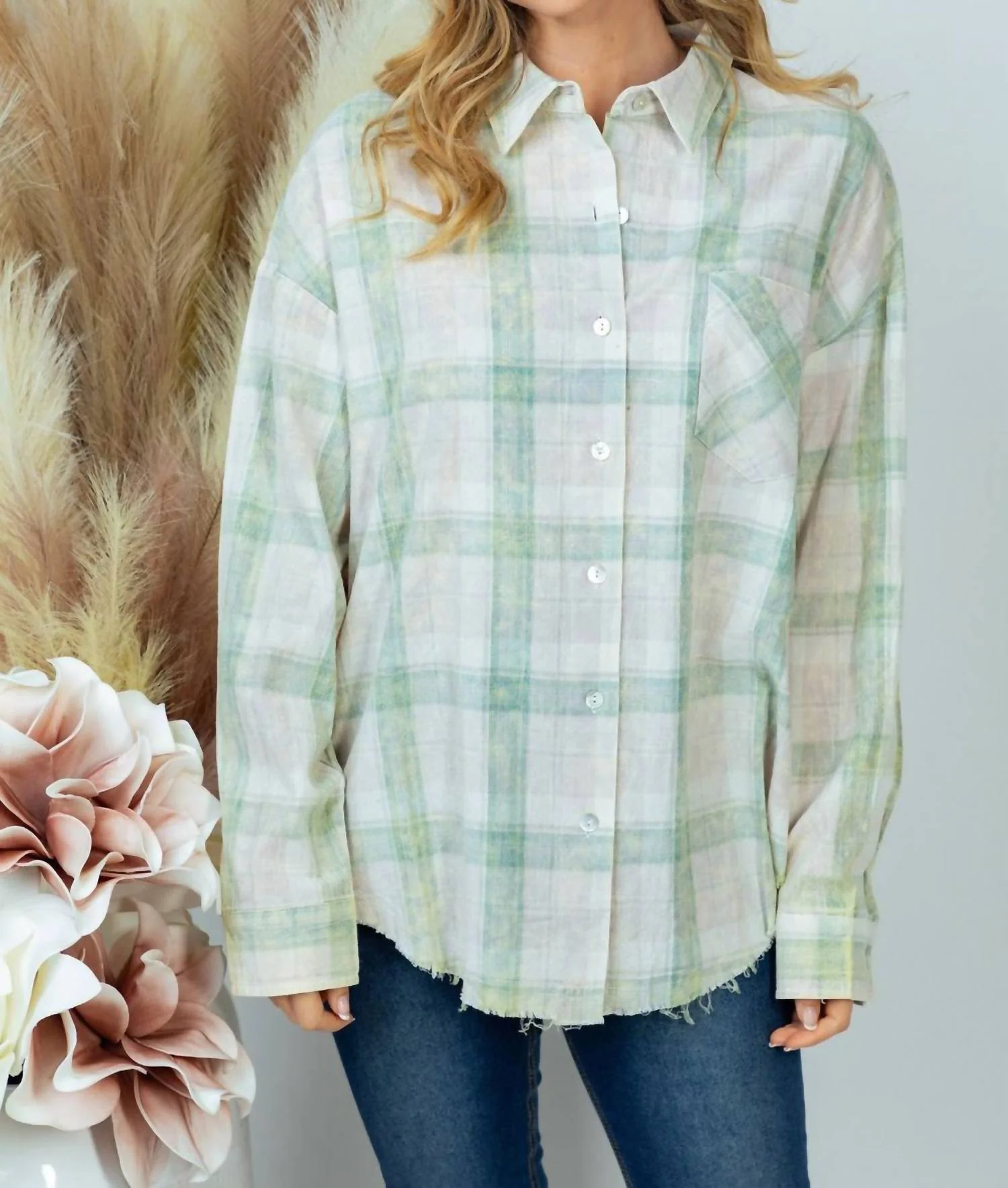 Plaid Button Down Top In Sage Multi