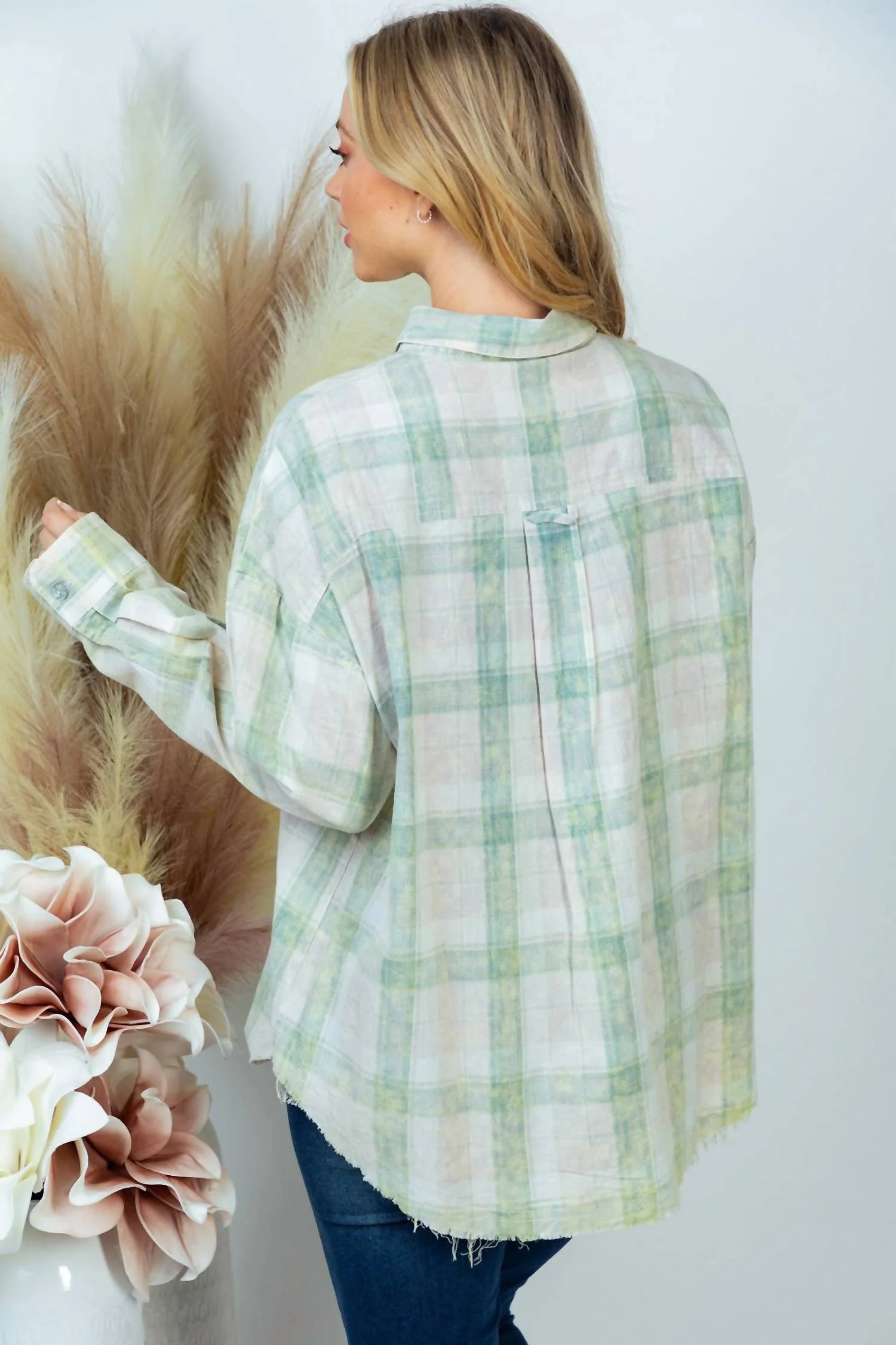 Plaid Button Down Top In Sage Multi - Image 2