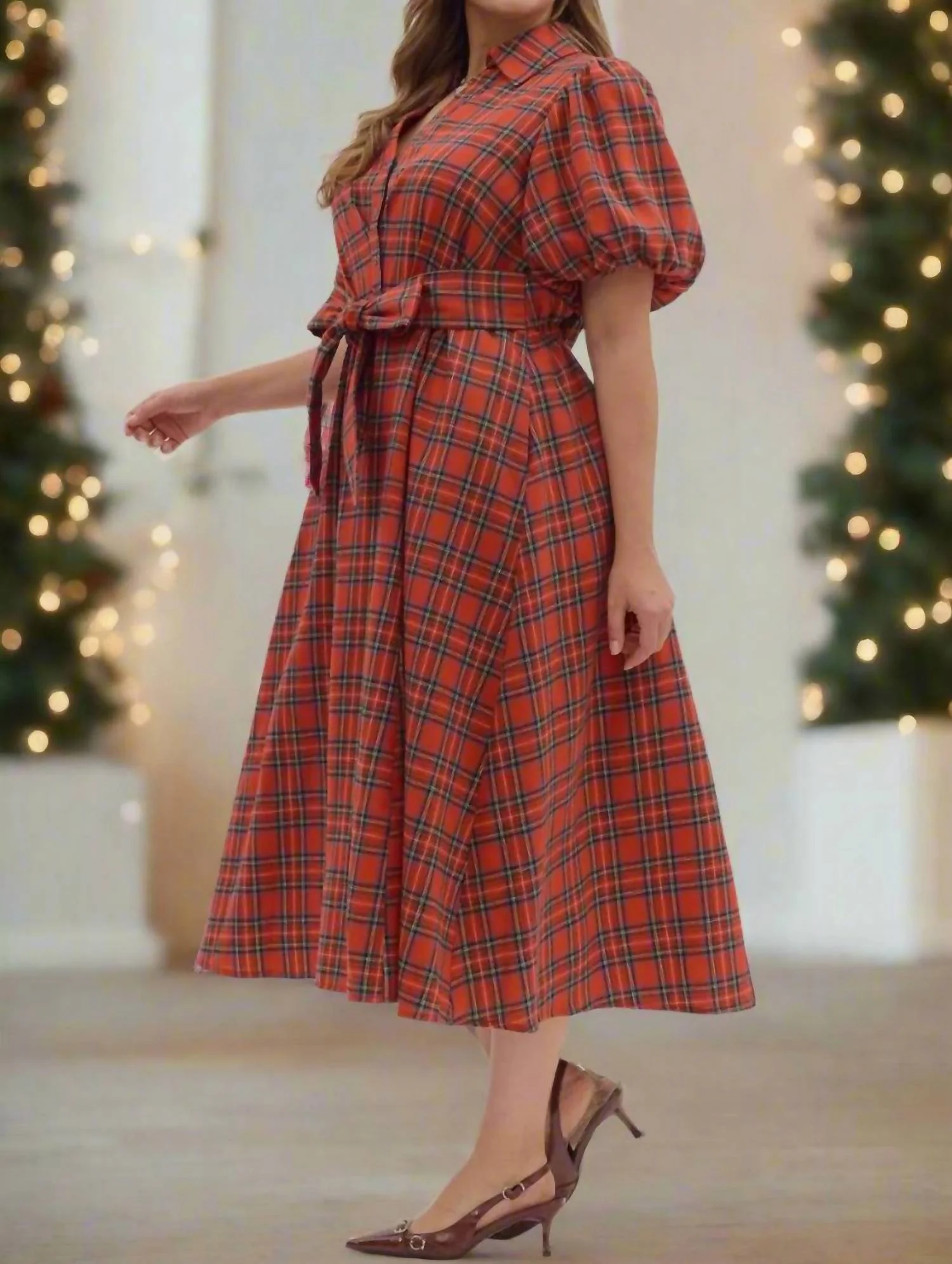 Plaid Puff Sleeve Midi Dress With Waist Tie - Plus In Holiday Red - Image 3